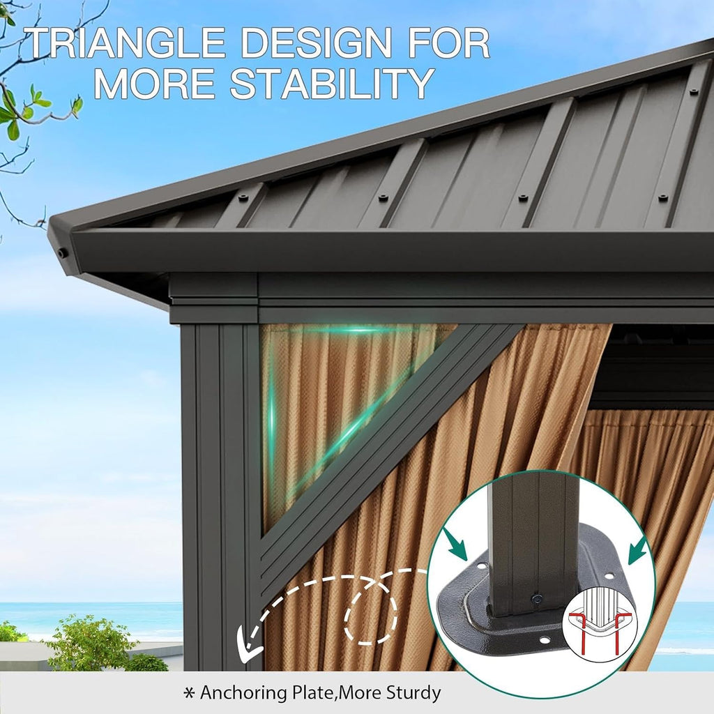 GAOMON 10x10/12 Ft Heavy-Duty Hardtop Pavilion – Double Roof Galvanized Steel Gazebo with Nettings & Curtains for Deck, Lawn & Patio, Brown+Black