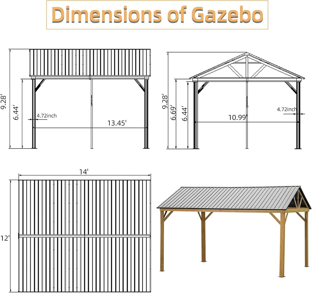 Domi 12'x14' Hardtop Gazebo Outdoor Aluminum Gazebo with Galvanized Steel Gable Roof for Lawn and Garden(Wood-Looking)