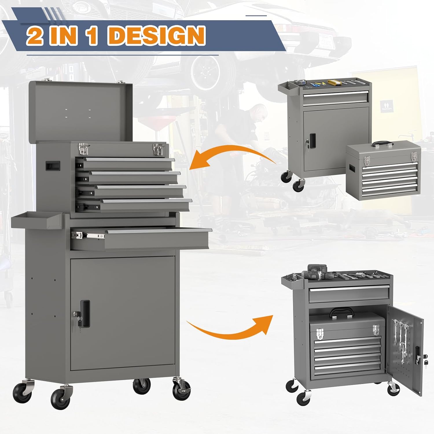 Tool Chest, 5-Drawer Rolling Tool Chest with Detachable Top Tool Box, Tool Box with Wheels, Tool Storage Cabinet for Garage Warehouse Workshop (Gray)