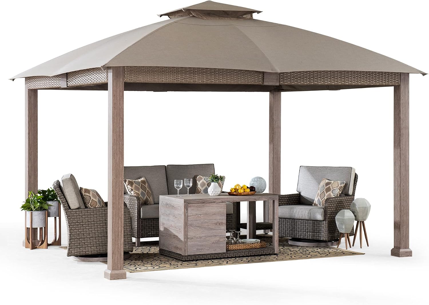 Sunjoy 11 ft. x 13 ft. Gazebo with Sunbrella Shade Fabric Canopy Roof, Outdoor Patio Steel Frame 2-Tier Soft Top Gazebo with All Aluminum Posts,5 Years Non-Fading Burlywood