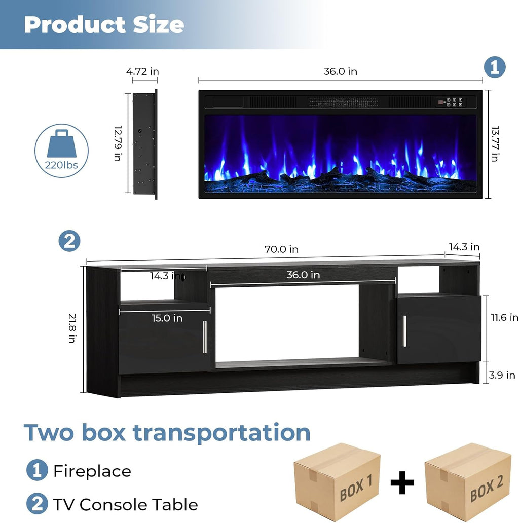 70' Fireplace TV Stand for TVs Up to 80', LED Light Media Console with 36' Electric Heater, Storage Cabinet, Black Entertainment Center for Living Room,Log