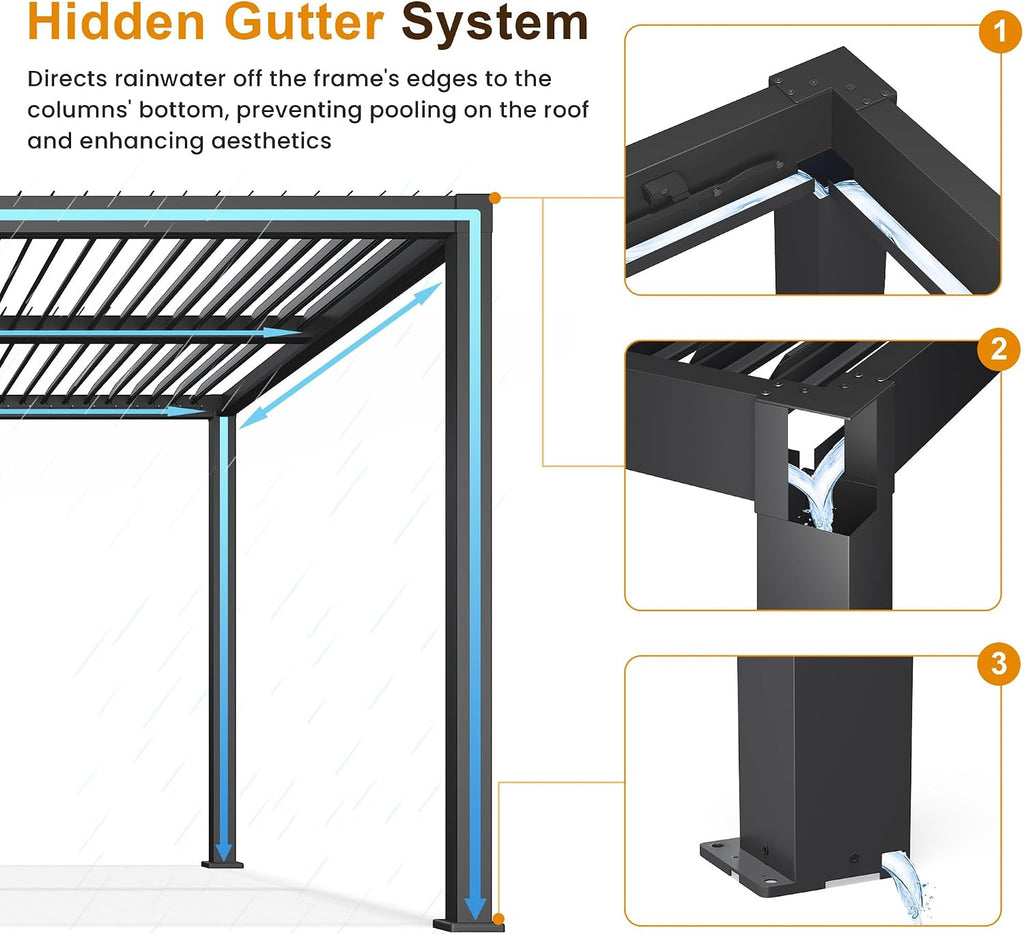 Kiss the Water 12'x16' Adjustable Louvered Pergola with Curtains & Netting, Heavy-Duty Metal Outdoor Gazebo with Adjustable Roof and Gutter System, Hardtop Patio Pergola for Garden, Yard, Dark Gray