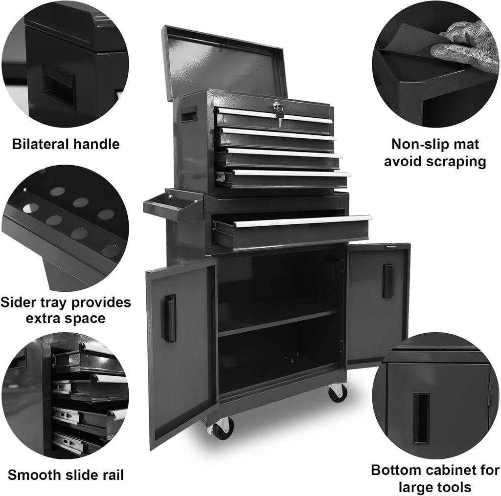 Torin 5-Drawer Rolling Tool Chest: Metal Tool Box with Wheels, Removable Top Tool Box, Liner, Adjustable Shelf and Locking Mechanism for Garage Workshop,Black