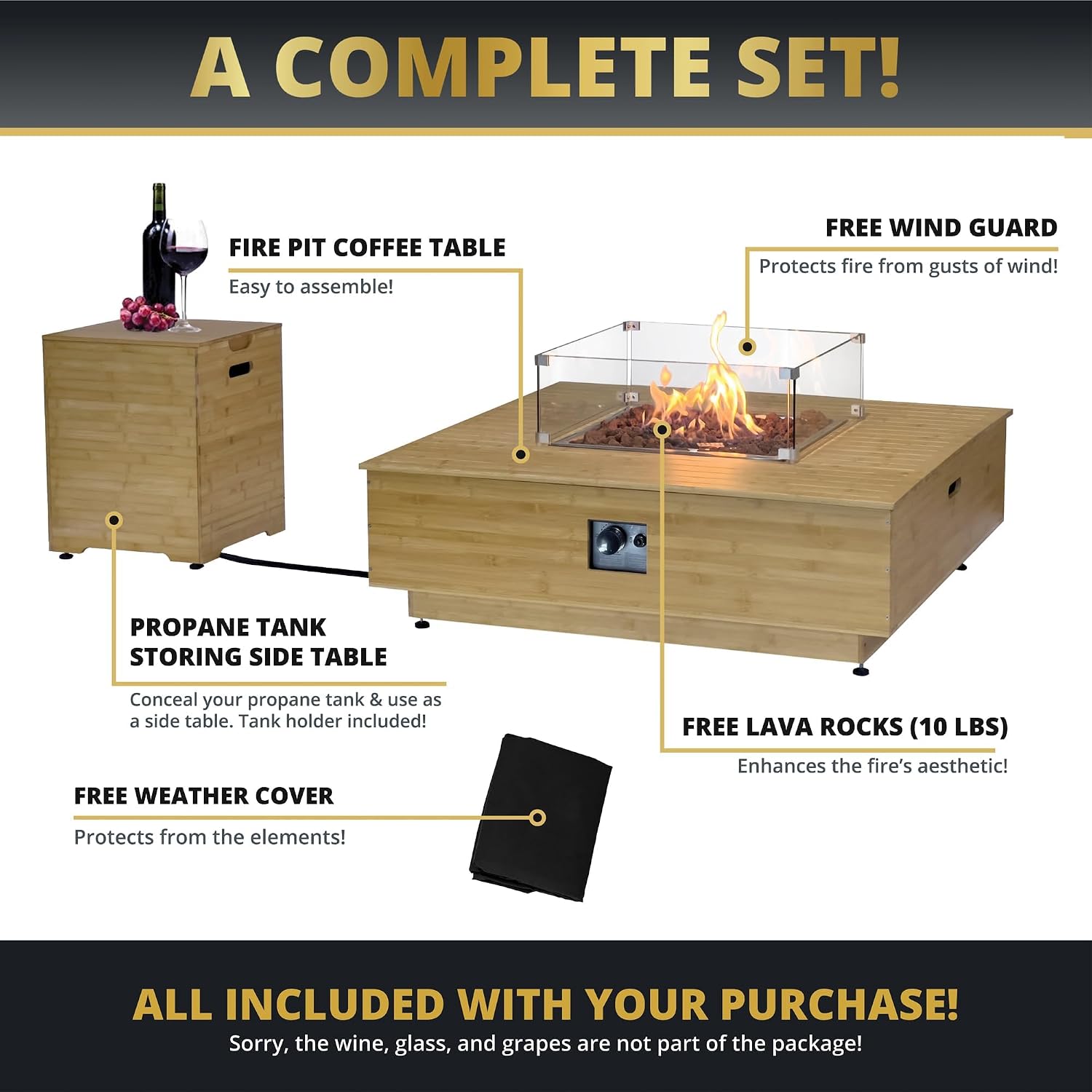 43' Gas Fire Pit Table with Propane Tank Cover Table Wood Grain Design Square Includes Lava Rocks and Weatherproof Cover for Outdoor Patios Parties Garden 50,000 BTUs CSA Certified