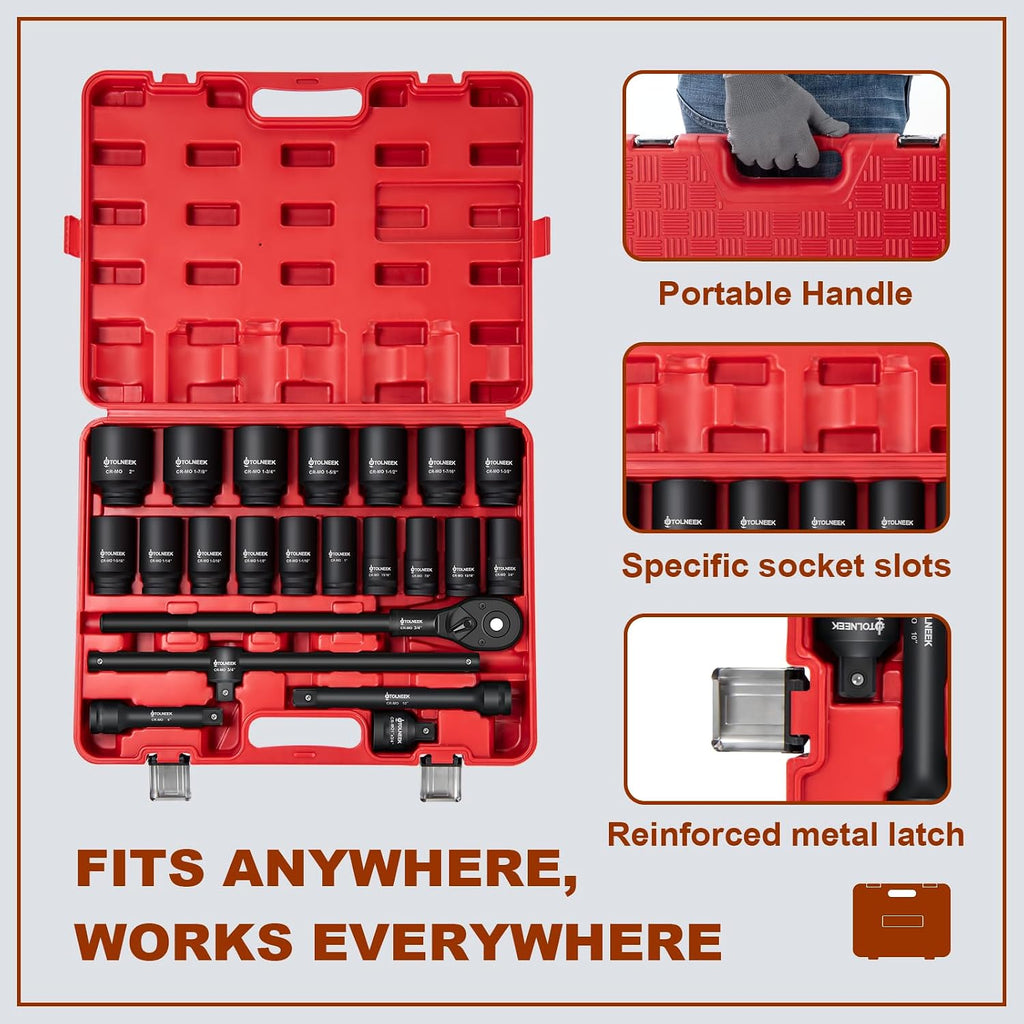 3/4' Impact Socket Set, 22PCS 6-Point SAE Sizes (3/4' to 2'), Cr-Mo Steel Set with Adapters, Quick Release Ratchet Wrench, Andextension Rod & Durable Storage Case
