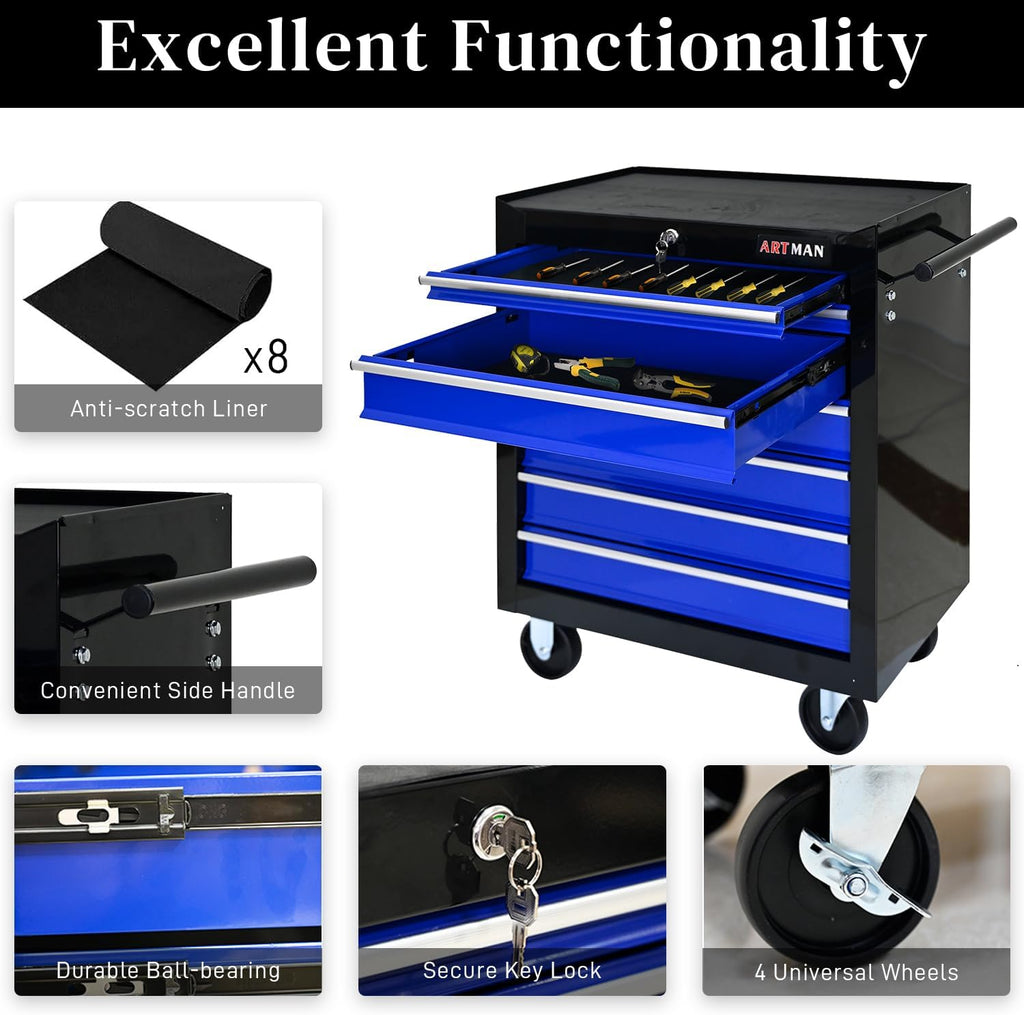 Rolling Tool Chest with 7-Drawer Tool Box with Wheels Multifunctional Tool Cart Mechanic Tool Storage Cabinet for Garage, Warehouse, Workshop, Repair Shop (Black & Blue)