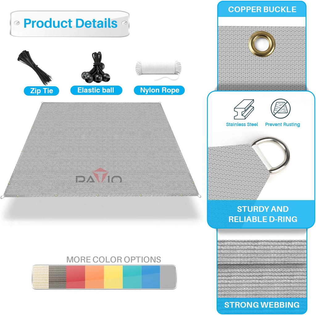 Patio Paradise 12' x 16' Sun Shade Cloth with Grommets Rectangle Shade Sail Canopy Pergola Cover with Straight Edge, UV Block Fabric for Backyard Deck Outdoor Activities, Light Grey