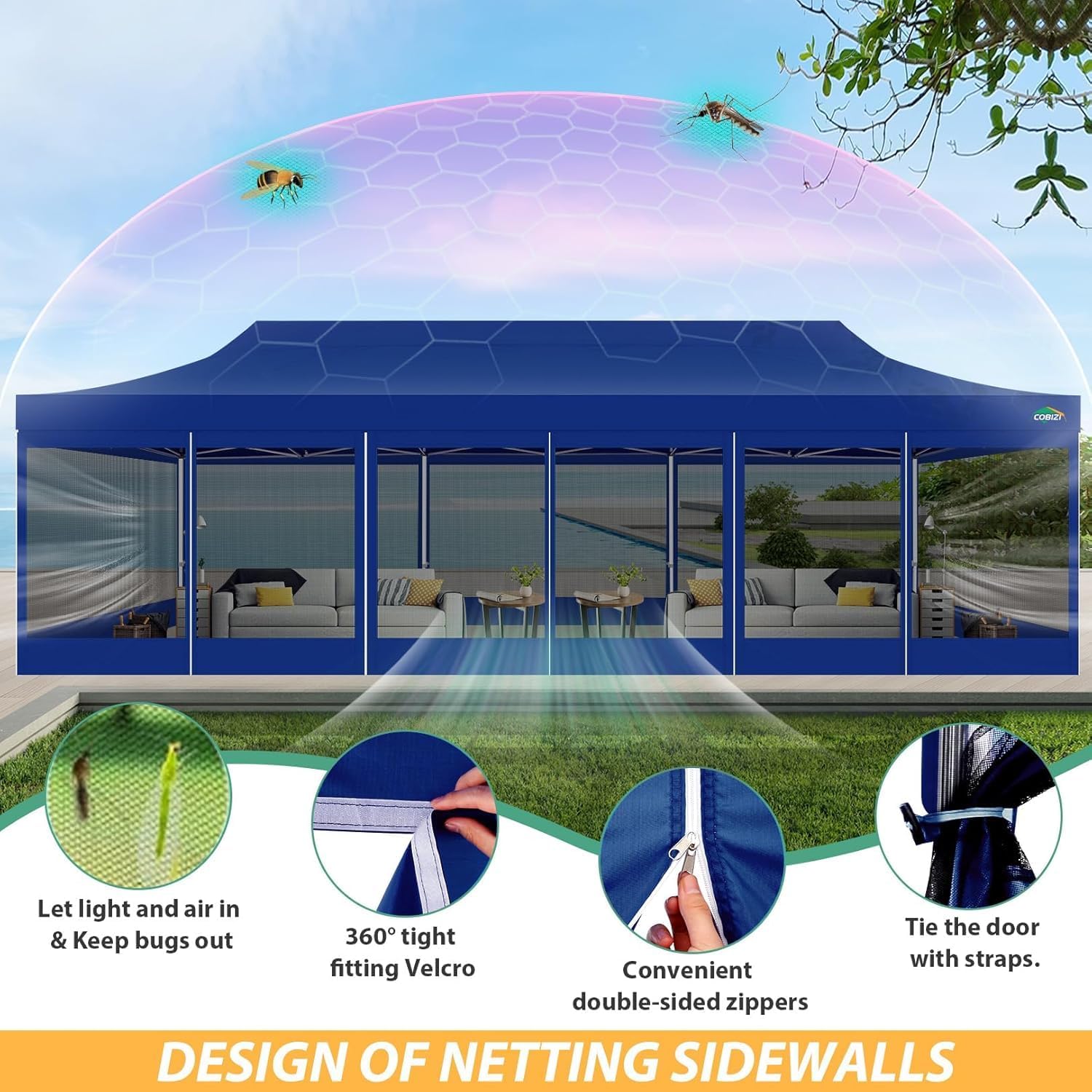 COBIZI 10x30 Pop Up Canopy with Sidewalls, Heavy Duty Canopy with Mosquito Netting, Easy up Screen Party Tents for Parties Backyard Outdoor Commercial Event Gazebo with Roller Bag, Sandbags, Deep Blue