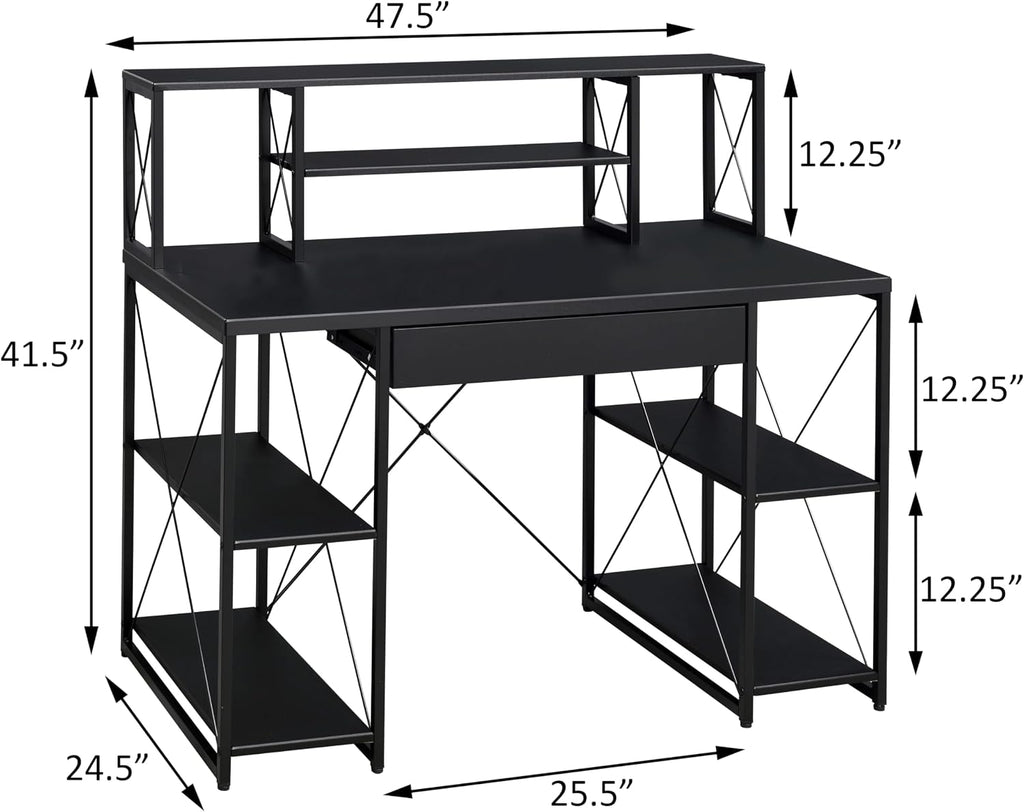 Modern Computer Desk with Hutch and Open Shelves, Foldable Adjustable Portable Gaming Study Desk Table with Wheels for Bedroom Office Student Sturdy Furniture,Black-Wood