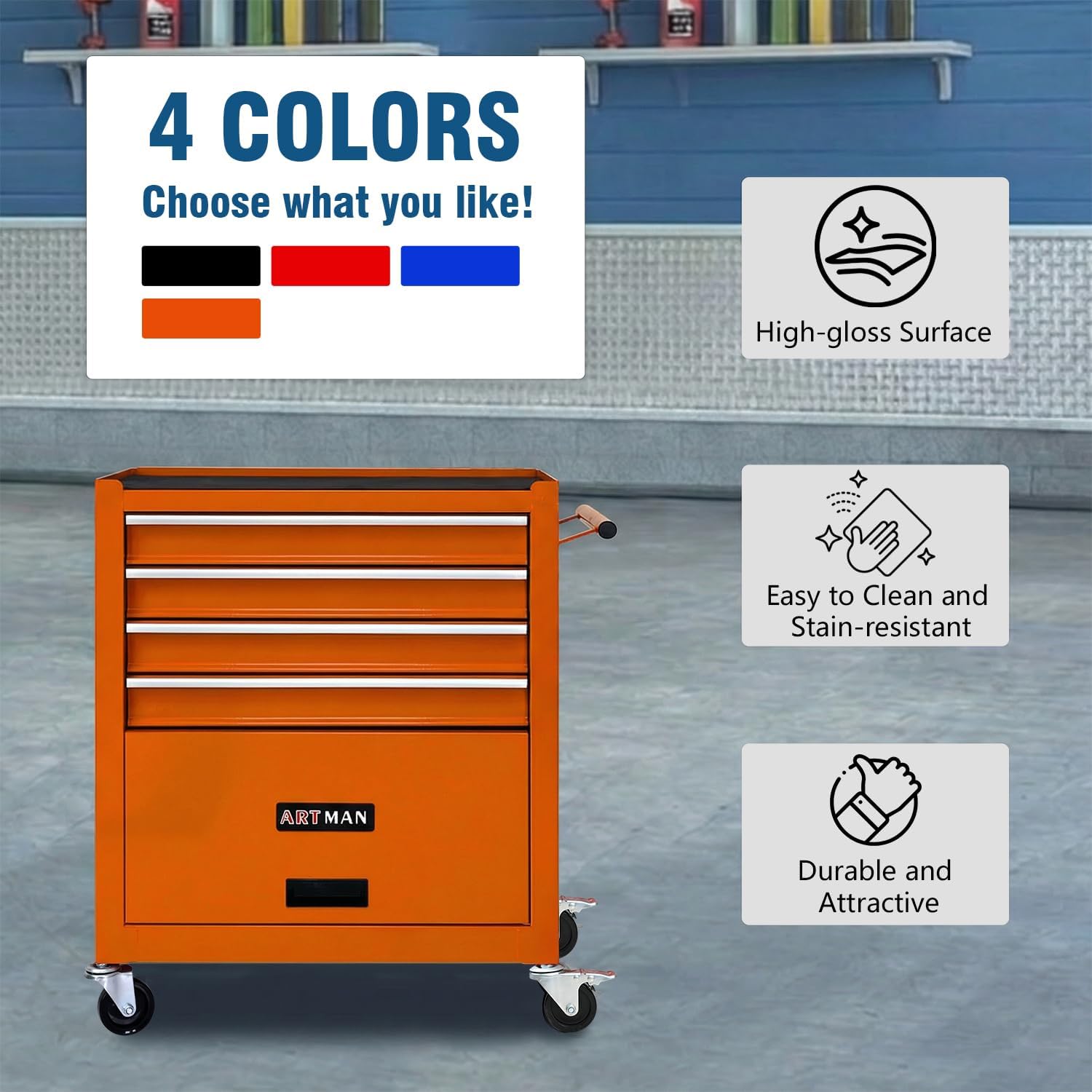 4 Drawers Tool Cart on Wheels, Rolling Tool Box Tool Storage, Drawers Rolling Tool Box Organizer Tool Case for Garage, Warehouse, Workshop, Repair Shop (4 Drawers-Orange)