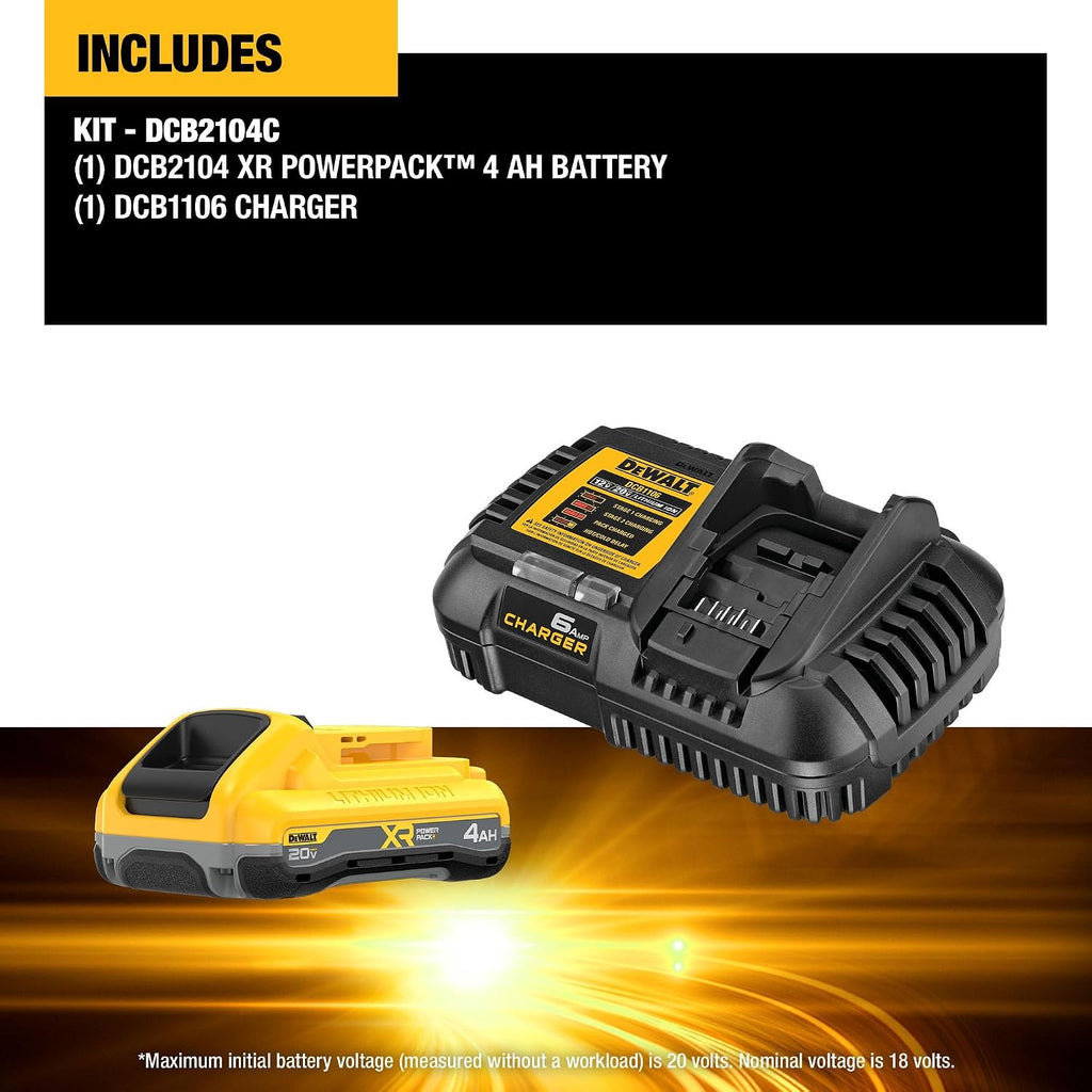 DEWALT 20V MAX Battery and Dewalt Battery Charger Combo XR POWERPACK™ 4Ah , LED Charge Indicator(DCB2104C)