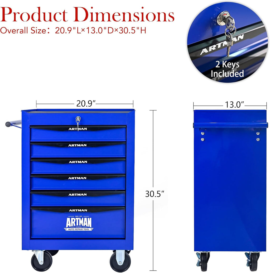 Rolling Tool Box with Wheels, Mechanics Tool Chest with 6 Drawers, Tool Box Organizer with 7 Tool Storage Boxes, Lockable Tool Storage Cabinet for Home Garage Workshop Warehouse Repair Shop, Blue