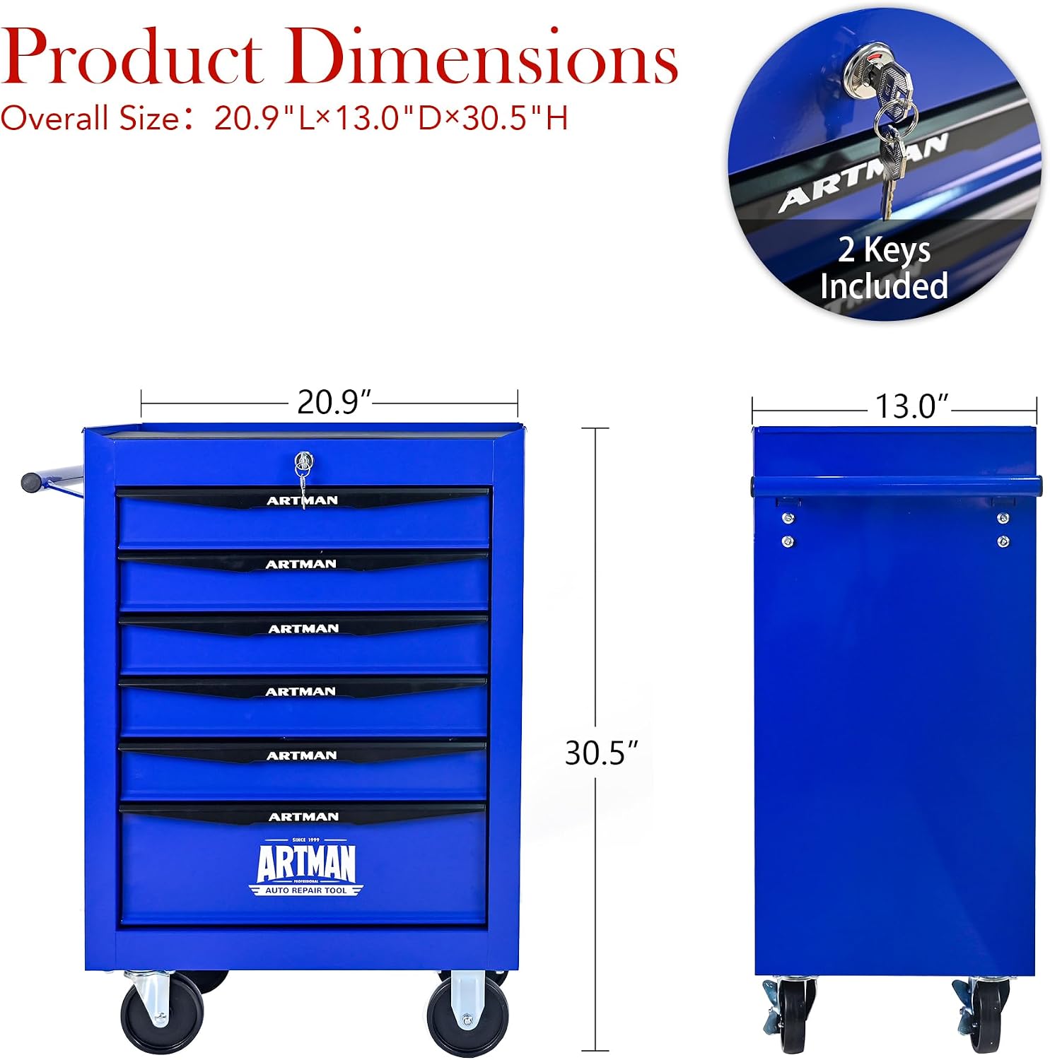 Rolling Tool Box with Wheels, Mechanics Tool Chest with 6 Drawers, Tool Box Organizer with 7 Tool Storage Boxes, Lockable Tool Storage Cabinet for Home Garage Workshop Warehouse Repair Shop, Blue