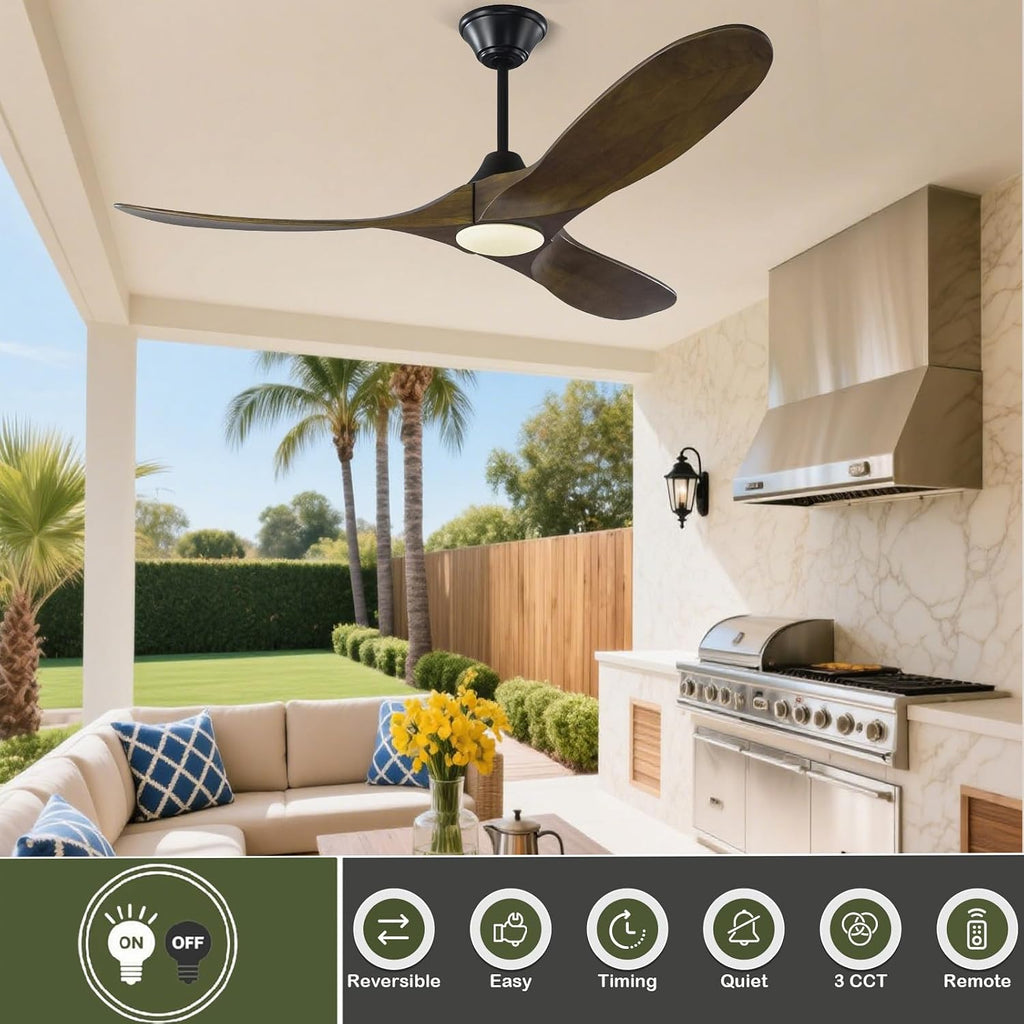 60 Inch Outdoor Ceiling Fans for Patios with Lights Damp Rated, Modern Farmhouse Wood Smart Ceiling Fan with Alexa Control, 3 Walnut Blades, Indoor High CFM Quiet DC Fan for Living Room Gazebo