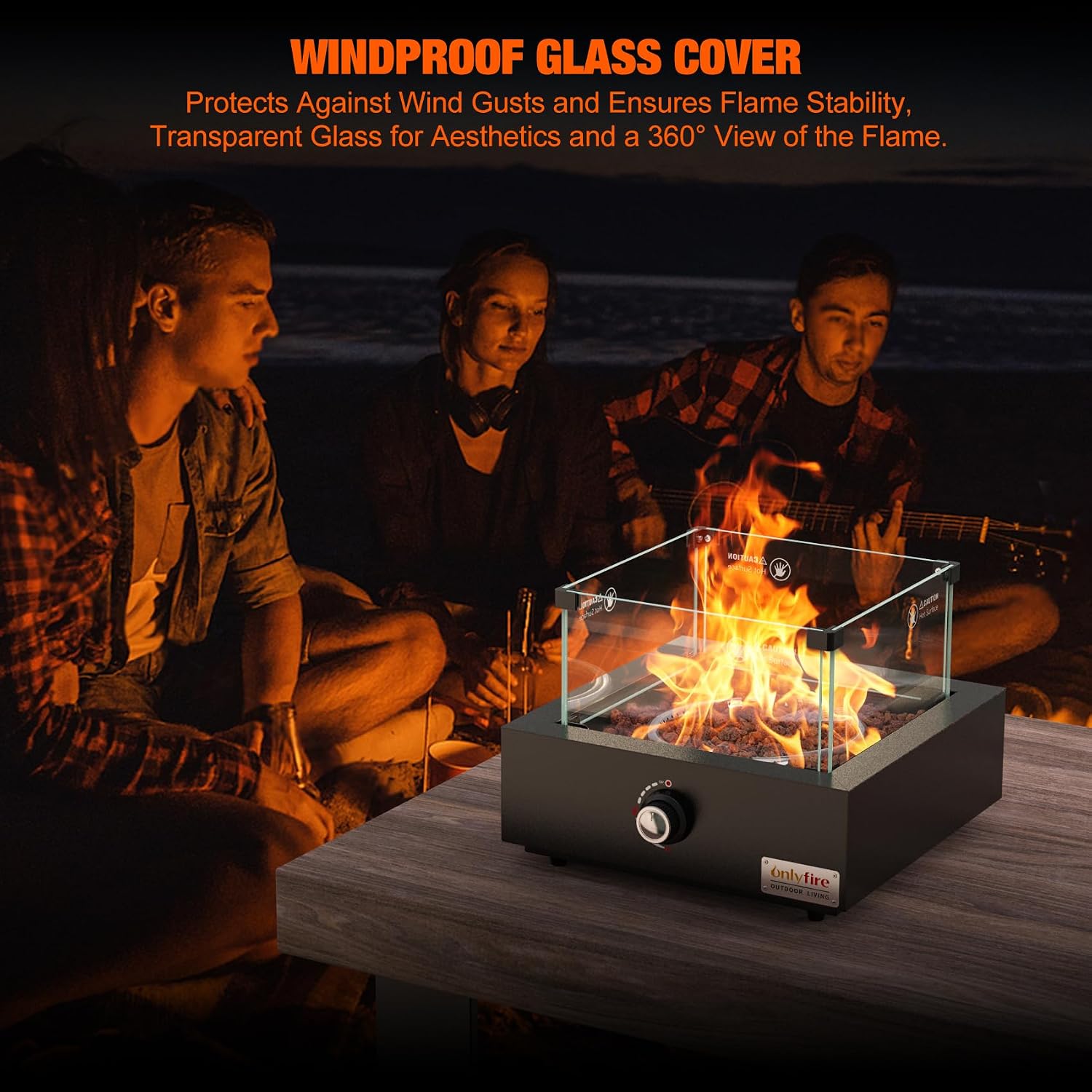 15.7' Portable Propane Gas Fire Pit Side-Mounted, Modern Tabletop Fireplace Smokeless Firepit with Glass Wind Guard for Patio Camping RV Tailgating, 23000BTU, Squre FP040