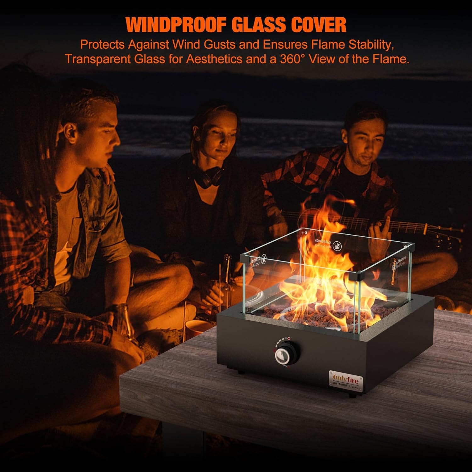 Portable Propane Gas Fire Pit Bottom-Mounted for Table with Umbrella Hole, Tabletop Smokeless Firepit with Wind Guard for Patio Camping RV Tailgating, 23000BTU, Square FP041
