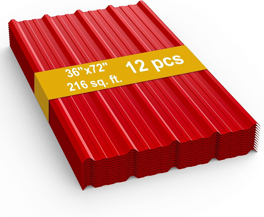 12 Pack PPGI Metal Roofing Panels, 72' x 36', 28 Gauge, 216 Sq. Ft. Coverage, Prepainted Galvanized Steel Sheets for Residential, Commercial, Pergolas, Gazebos, Fencing, and Patio Roofs（Red）