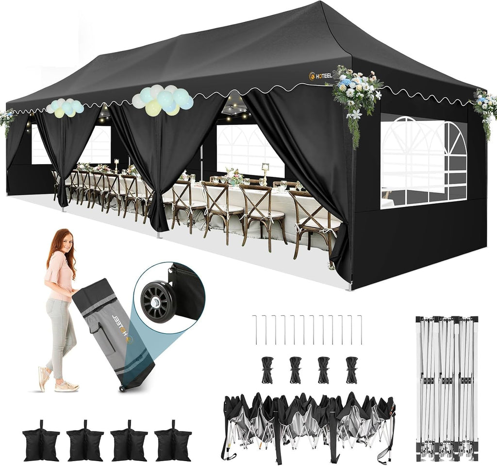 HOTEEL Party Tent 10x30 Pop Up Canopy with 8 Sidewalls, Waterproof UPF50+ for Backyard and Events, Easy Setup with Wheeled Bag & 4 Weight Bags, Extra Height, Black