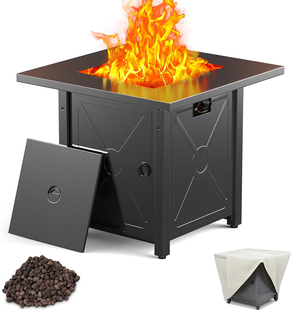 Xbeauty Propane Fire Pit Table, 28' Outdoor Gas Fire Pit Table, 40,000 BTU Auto-Ignition Fire Tables with Lid, Rain Cover and 3 Pounds Lava Stones for Outside Garden Backyard Deck Patio (Square)