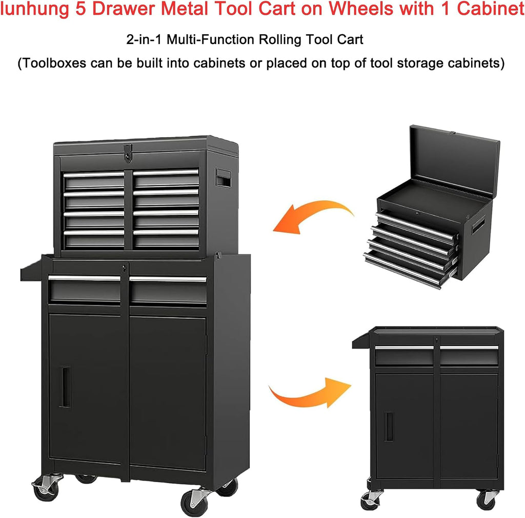 5 Drawers Metal Tool Cart on Wheels with 1 Cabinet, Multifunctional Rolling Tool Storage Cabinet Organizer Set w/Removable Top Tool Box for Garage,Warehouse,Workshop,Repair Shop(Black)