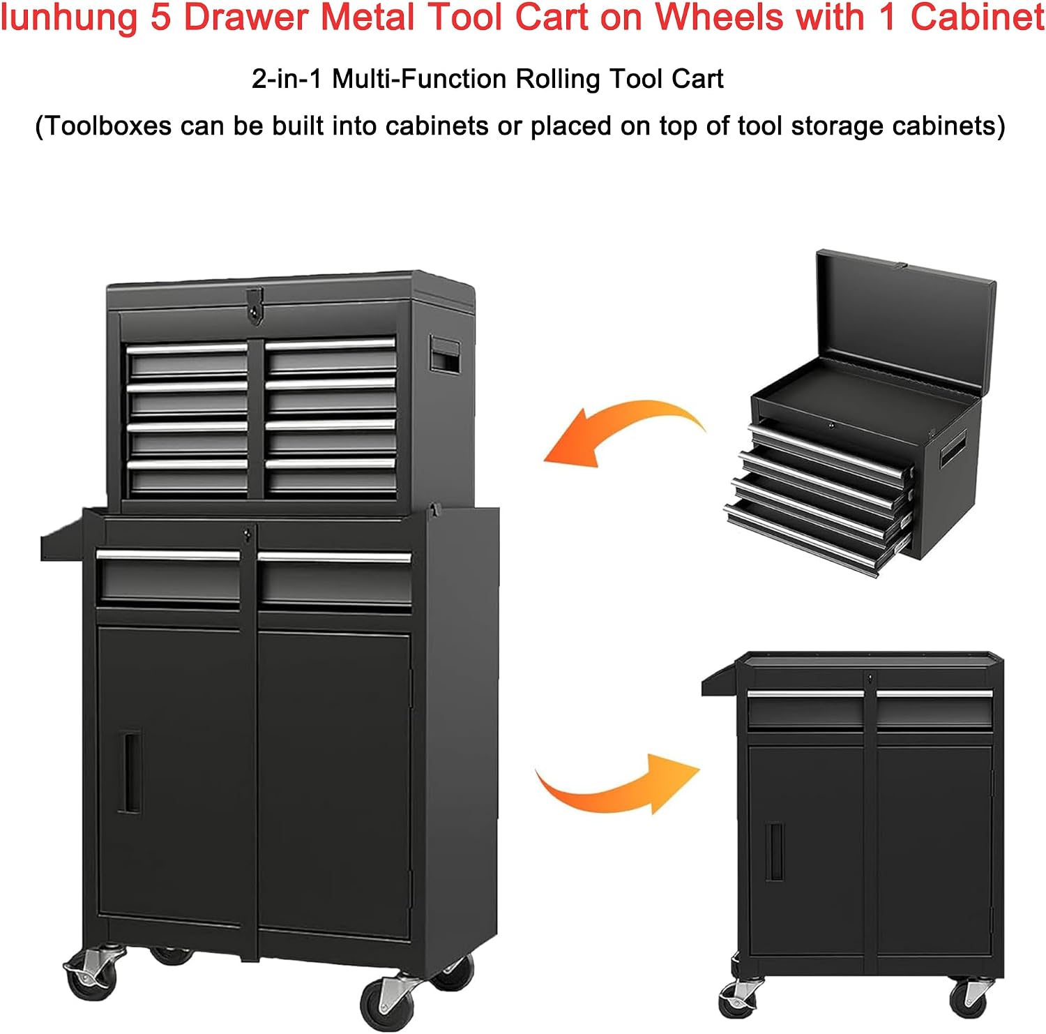 5 Drawers Metal Tool Cart on Wheels with 1 Cabinet, Multifunctional Rolling Tool Storage Cabinet Organizer Set w/Removable Top Tool Box for Garage,Warehouse,Workshop,Repair Shop(Black)