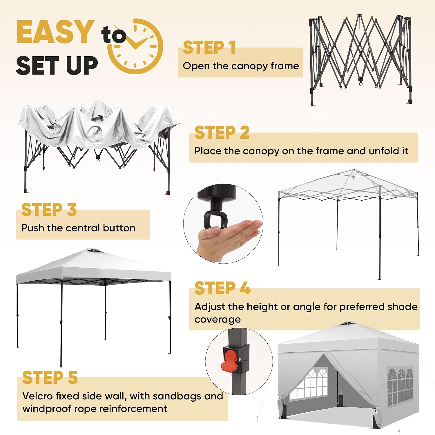 GDY 10x10 Pop Up Canopy Tent with 4 Sidewalls, Easy Set up with One Push Lift Outdoor Silver Coated Beach Gazebos, Carpas with 4 Sandbags, for Events, Parties,Camping, White.