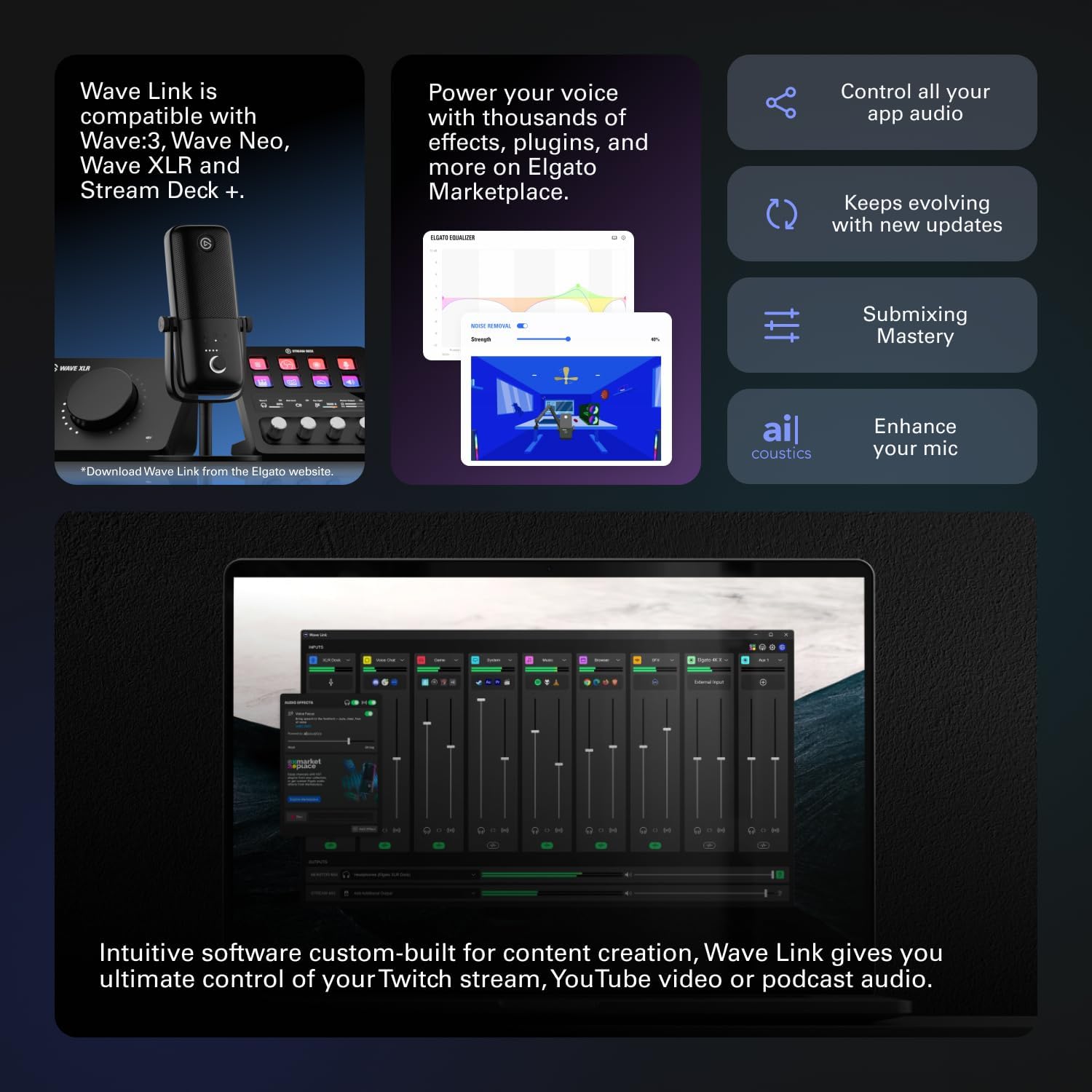 Elgato Wave:3 - Premium Studio Quality USB Condenser Microphone for Streaming, Podcast, Gaming and Home Office, Free Mixer Software, Sound Effect Plugins, Anti-Distortion, Plug 'n Play, for Mac, PC