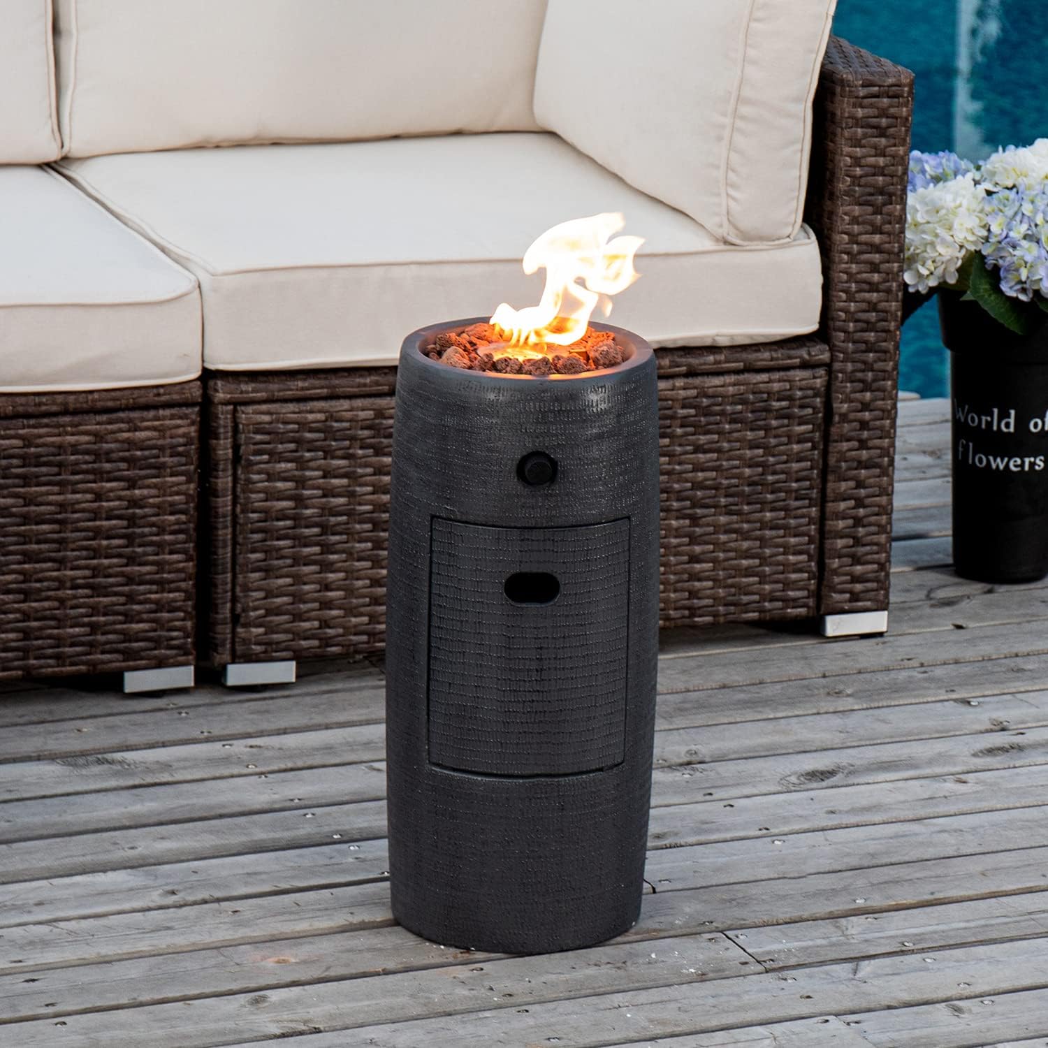 COSIEST Outdoor Propane Fire Pit Table w Compact Ledgestone 11-inch Round Graphite Base, Certified, 40,000 BTU, Free Lava Rocks, Touch-up Pen, Fits 20lb (Black)