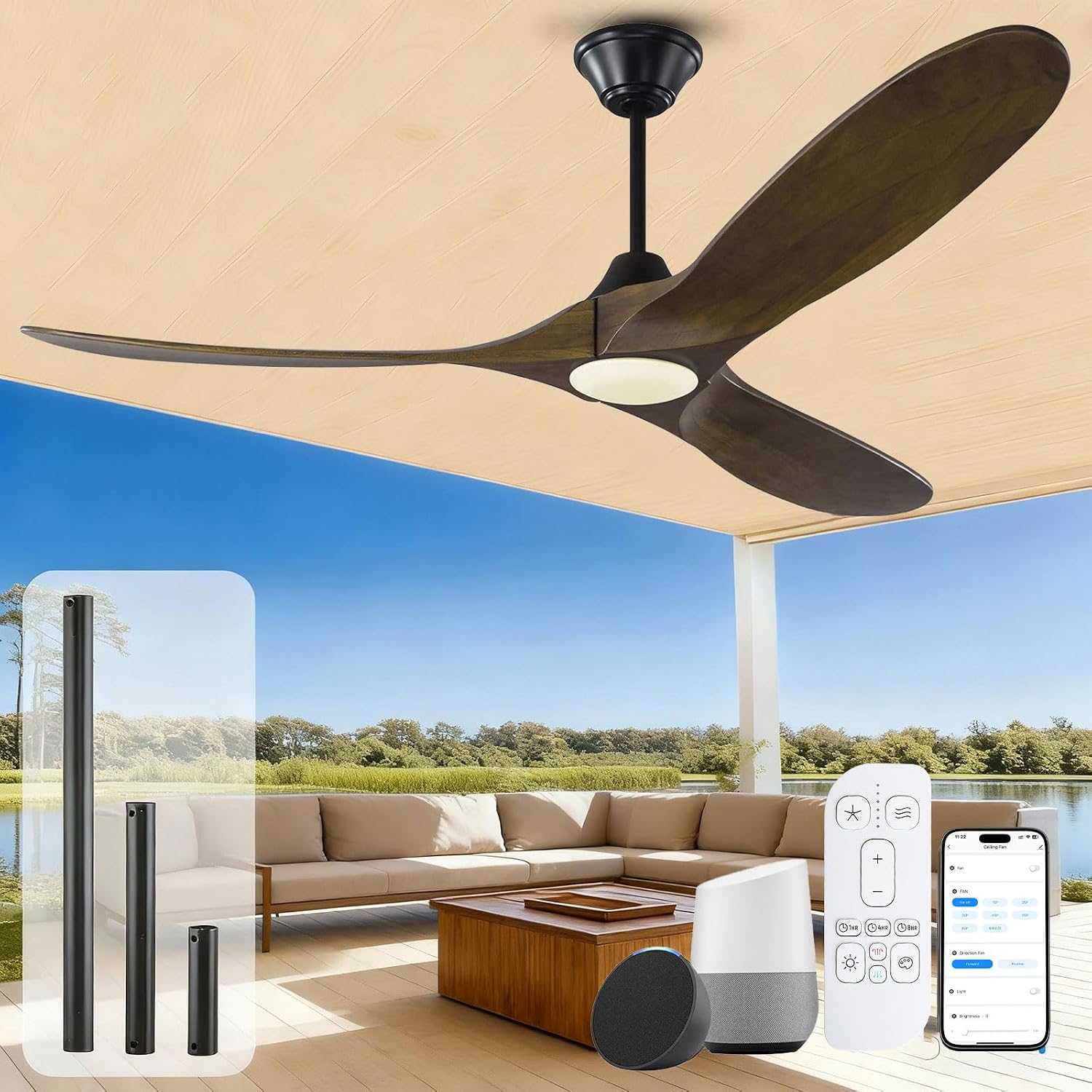 60 Inch Outdoor Ceiling Fans for Patios with Lights Damp Rated, Modern Farmhouse Wood Smart Ceiling Fan with Alexa Control, 3 Walnut Blades, Indoor High CFM Quiet DC Fan for Living Room Gazebo