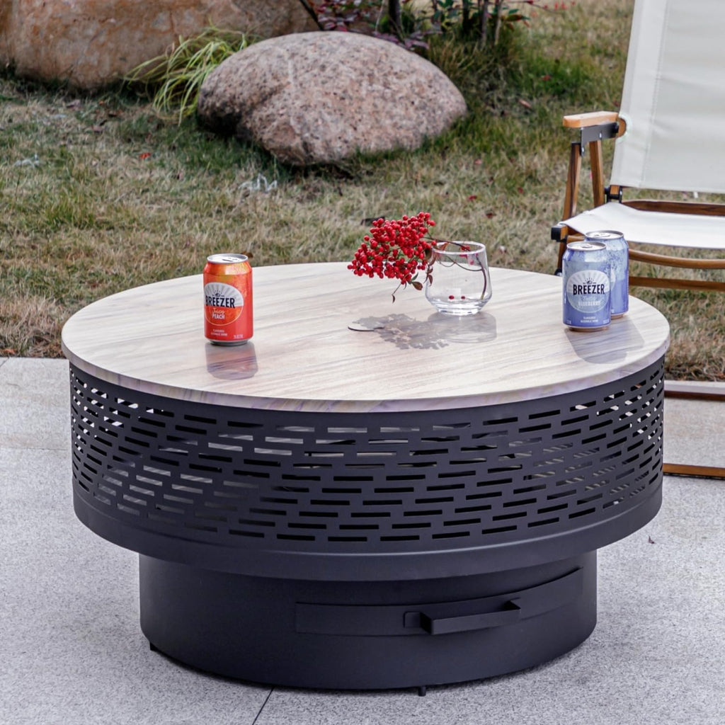 OutVue 32' Wood Burning Fire Pits with Grill & Lid, Fire Pit Table for Outside with Waterproof Cover & Fire Poker, Outdoor Firepit with Functions for BBQ,Table and Bonfire