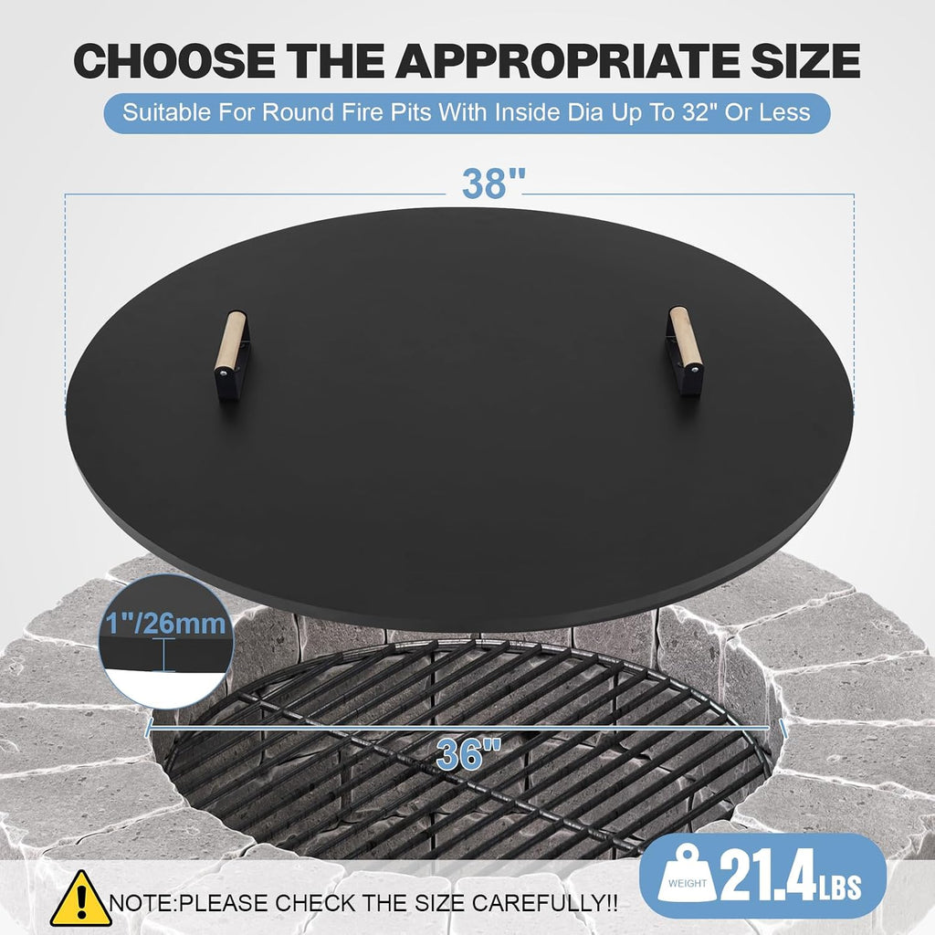 Fire Pit Lid Cover Round - 38' Rust Resistant Powder Coated Steel Firepit Cover or Table with 2 Wooden Handles for Patio Fire Pit, Weatherproof for All Seasons, Fits Fire Pits Up to 36'