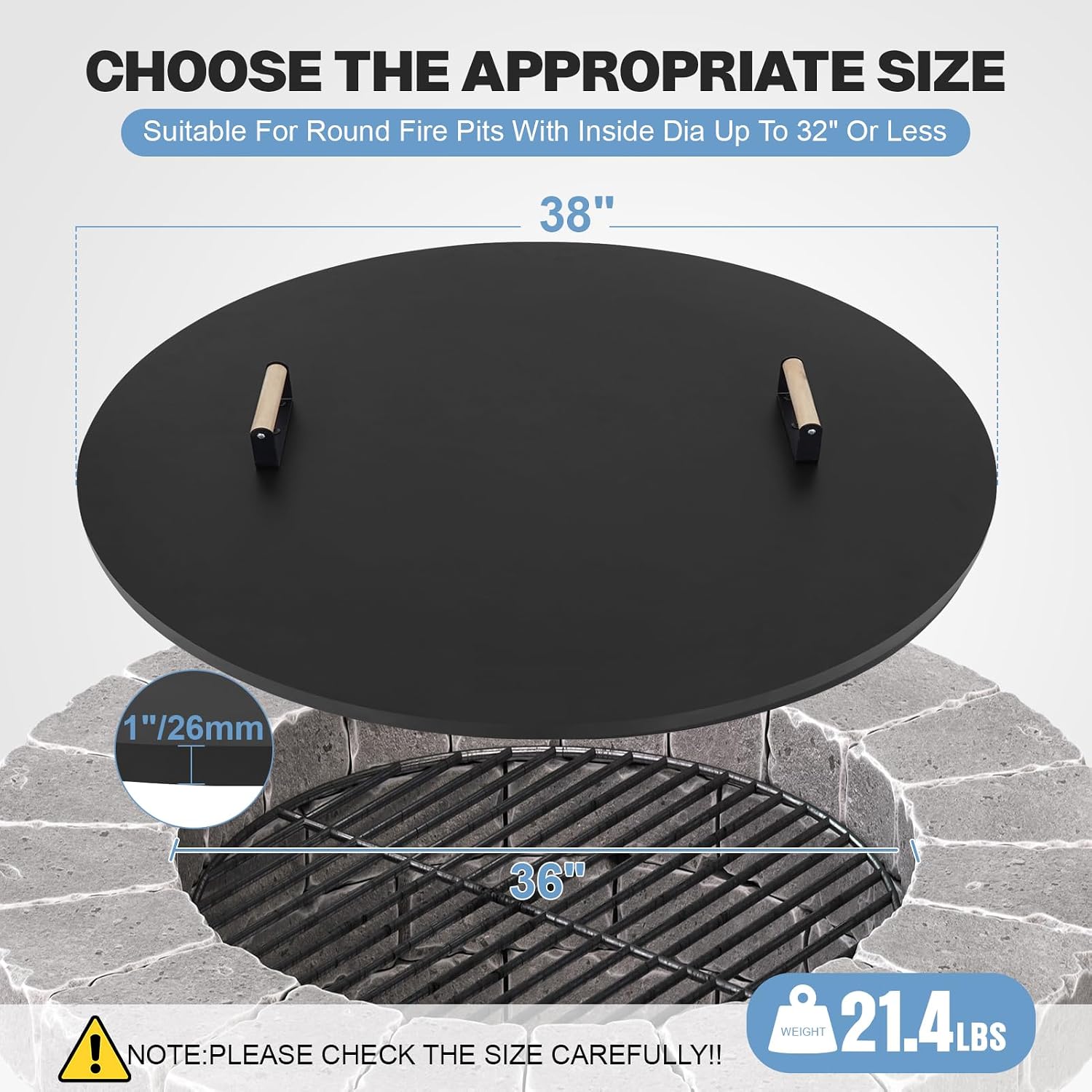 Fire Pit Lid Cover Round - 38' Rust Resistant Powder Coated Steel Firepit Cover or Table with 2 Wooden Handles for Patio Fire Pit, Weatherproof for All Seasons, Fits Fire Pits Up to 36'