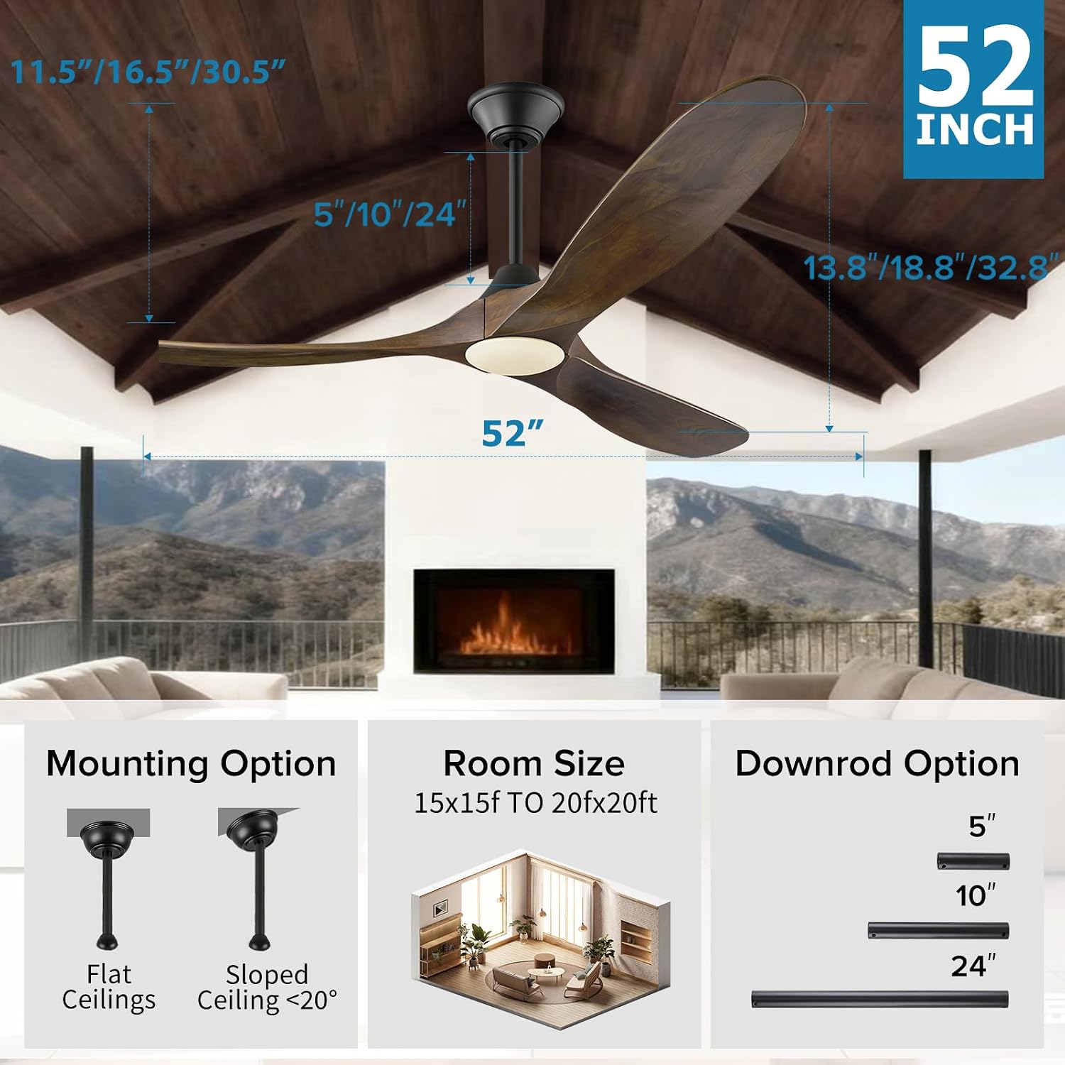 52 Inch Outdoor Smart Ceiling Fan with Lights Damp Rated for patios, 3 Blades Solid Wood, ETL Listed Indoor Exterior, 6-Speed Noiseless Energy Efficient DC Motor Matte Black Finish with Walnut Blades