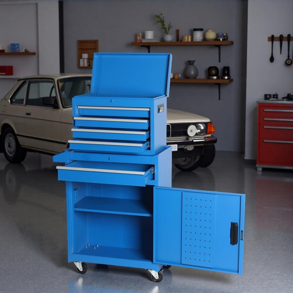 Tool Chest, 5-Drawers Rolling Tool Storage Cabinet with Detachable Top, Lockable Wheels, Adjustable Shelf & Locking Mechanism, Multifunctional Tool Cart for Garage Workshop, Blue