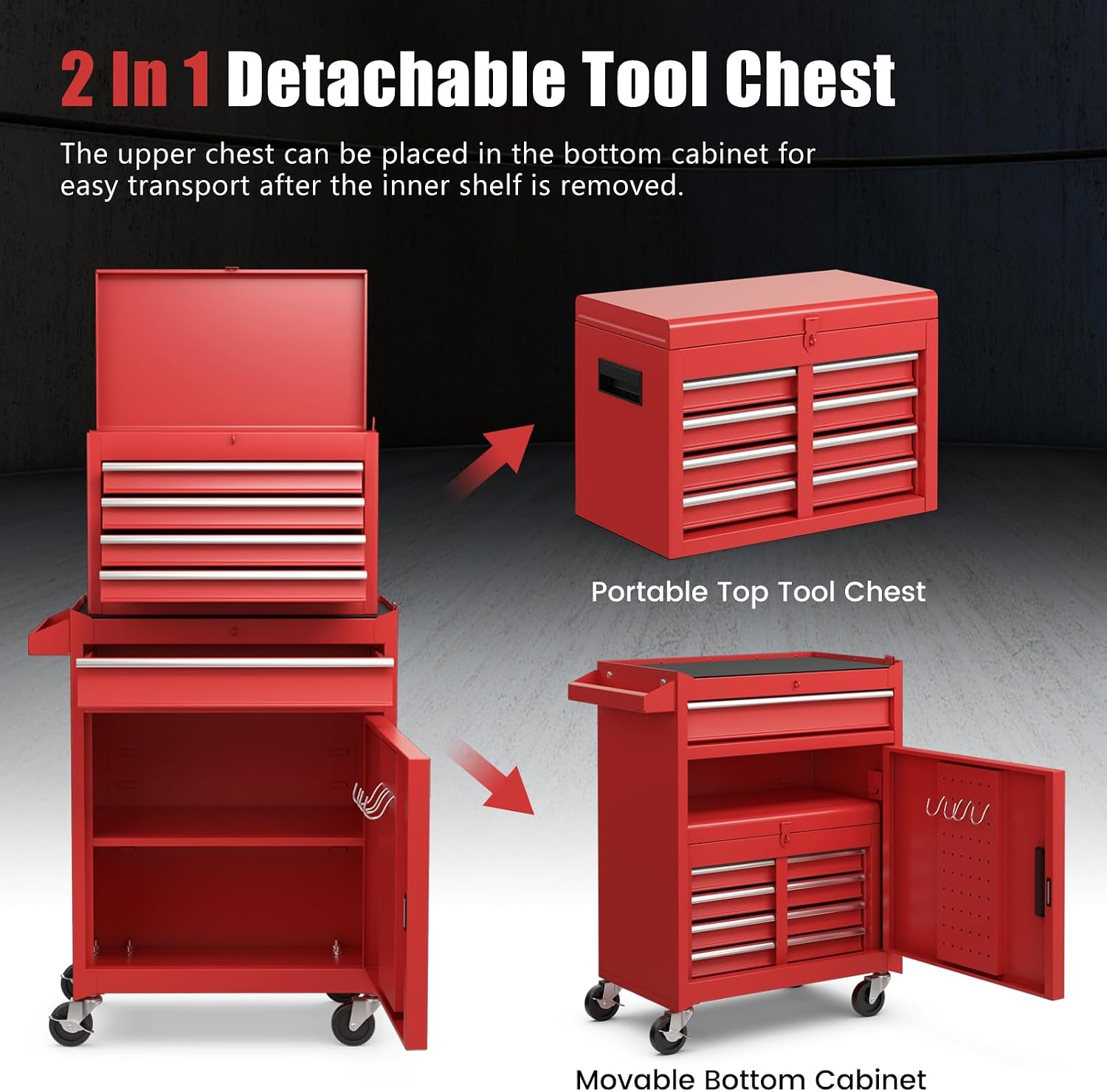 DORTALA Rolling Tool Chest Cabinet, Tool Box Organizer with 5 Sliding Drawers, Locking System, Toolbox Storage Cabinet on Wheels for Garage Workshop, Red