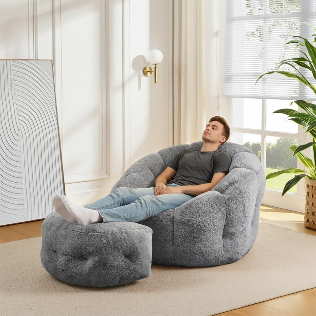 Bean Bag Chair with Ottoman, Flower Bean Bag Chairs for Adults and Teens, Comfy Plush Faux Fur Reading Chair for Living Room, Bedroom, Apartment, Dorm, Grey