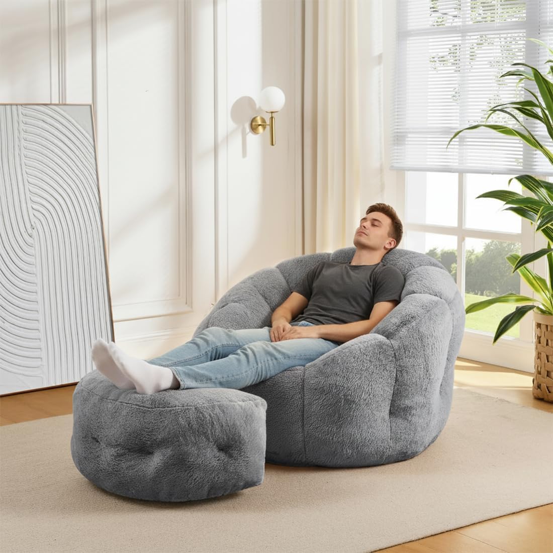 Bean Bag Chair with Ottoman, Flower Bean Bag Chairs for Adults and Teens, Comfy Plush Faux Fur Reading Chair for Living Room, Bedroom, Apartment, Dorm, Grey