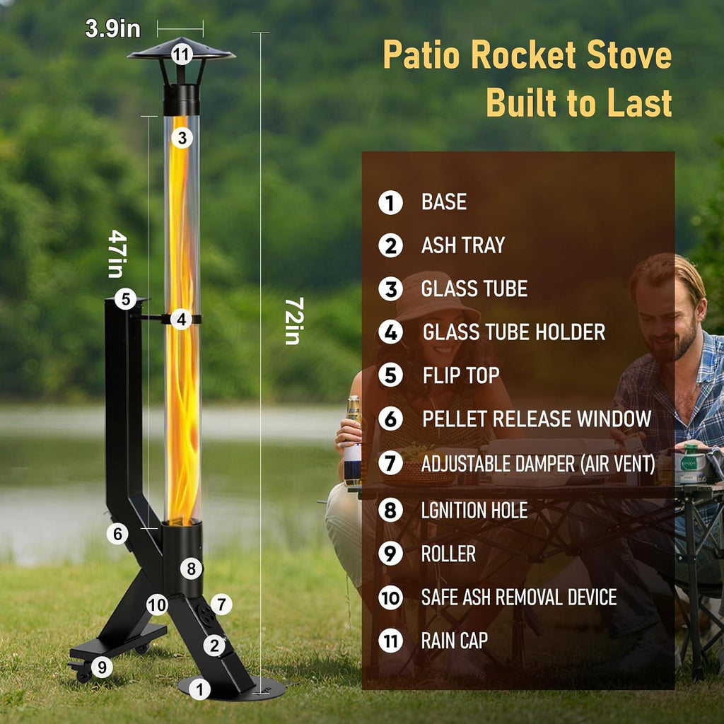 Rayzi Rocket Stove 72 Inch, Smokeless Wood Pellet Patio Heater with Wheels, Wood Pellet Fire Pits for Outside with Rain Cap, Pellet Heater for Patio/Garden/Backyard/Bonfire Party/Beach