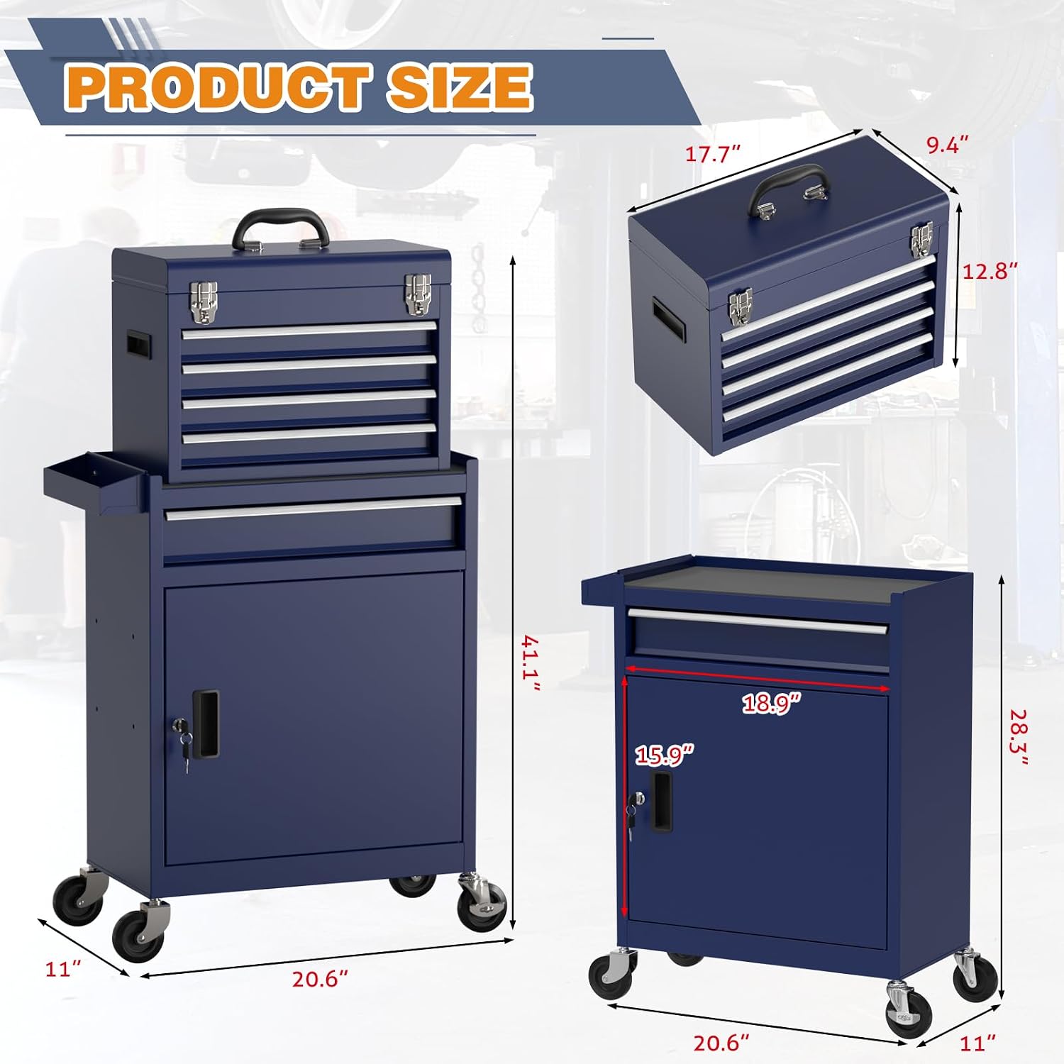Tool Chest, 5-Drawer Rolling Tool Chest with Detachable Top Tool Box, Tool Box with Wheels, Tool Storage Cabinet for Garage, Warehouse, Workshop (Blue)