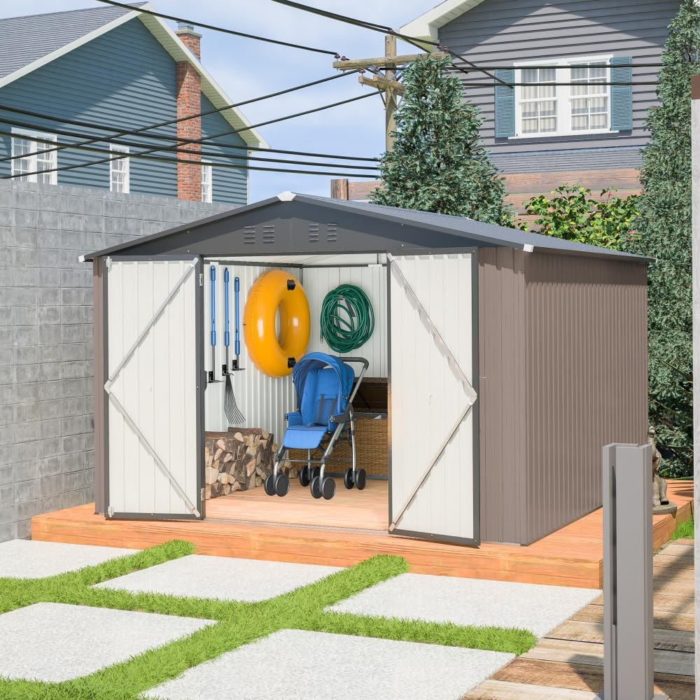 Large Outdoor Storage Shed 10x12 FT, Heavy-Duty Metal Garden Tool Organizer with Lockable Doors and Weather-Resistant Roof for Backyard (10x10 ft Brown)