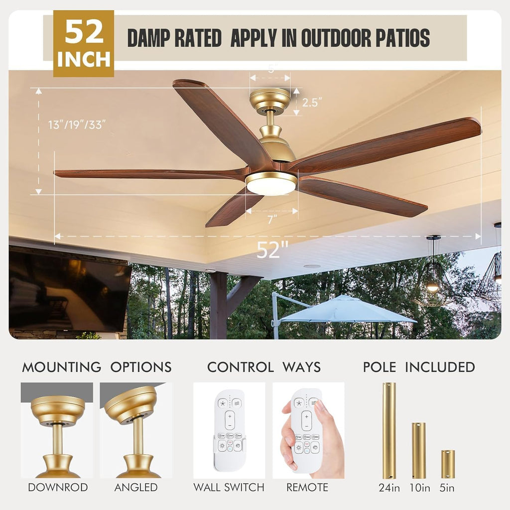 52 Inch Gold Ceiling Fans with Lights and Remote, 5 Blade Natural Solid Wood Ceiling Fan with Light Quiet DC Motor Fan, Farmhouse Ceiling Fans for Outdoor Patios Porch Gazebo Bedroom