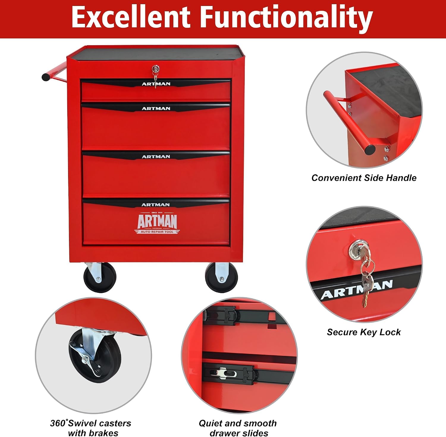 4 Drawers Tool Cart on Wheels, Multifunctional Rolling Tool Chest, Drawers Mobile Trolley Organizer Heavy Duty Tools Box with Locking Wheels & Ball Bearing Drawers (Red, 4 Drawers)