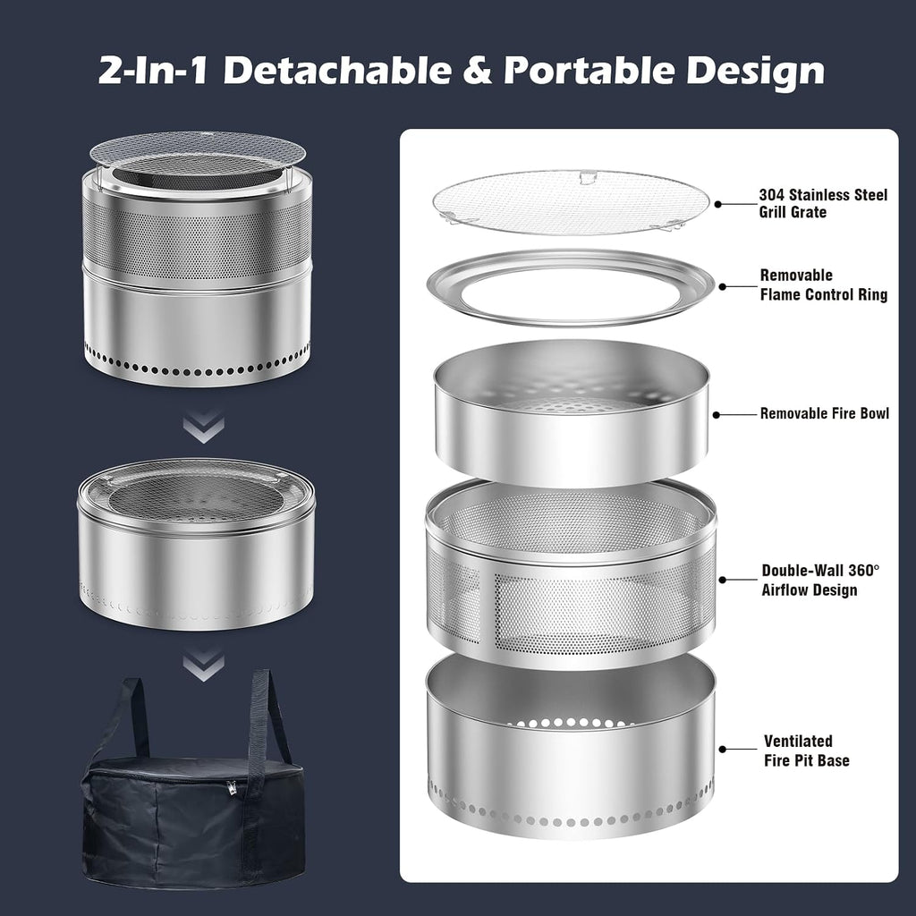 Smokeless Fire Pit Outdoor, 20 Inch Portable Stainless Steel Smokeless Firepit with Grill Grate, Ash Pan & Carry Bag, Low Smoke Wood Burning Fire Pits for Camping, RV, Patio, Compact Storage
