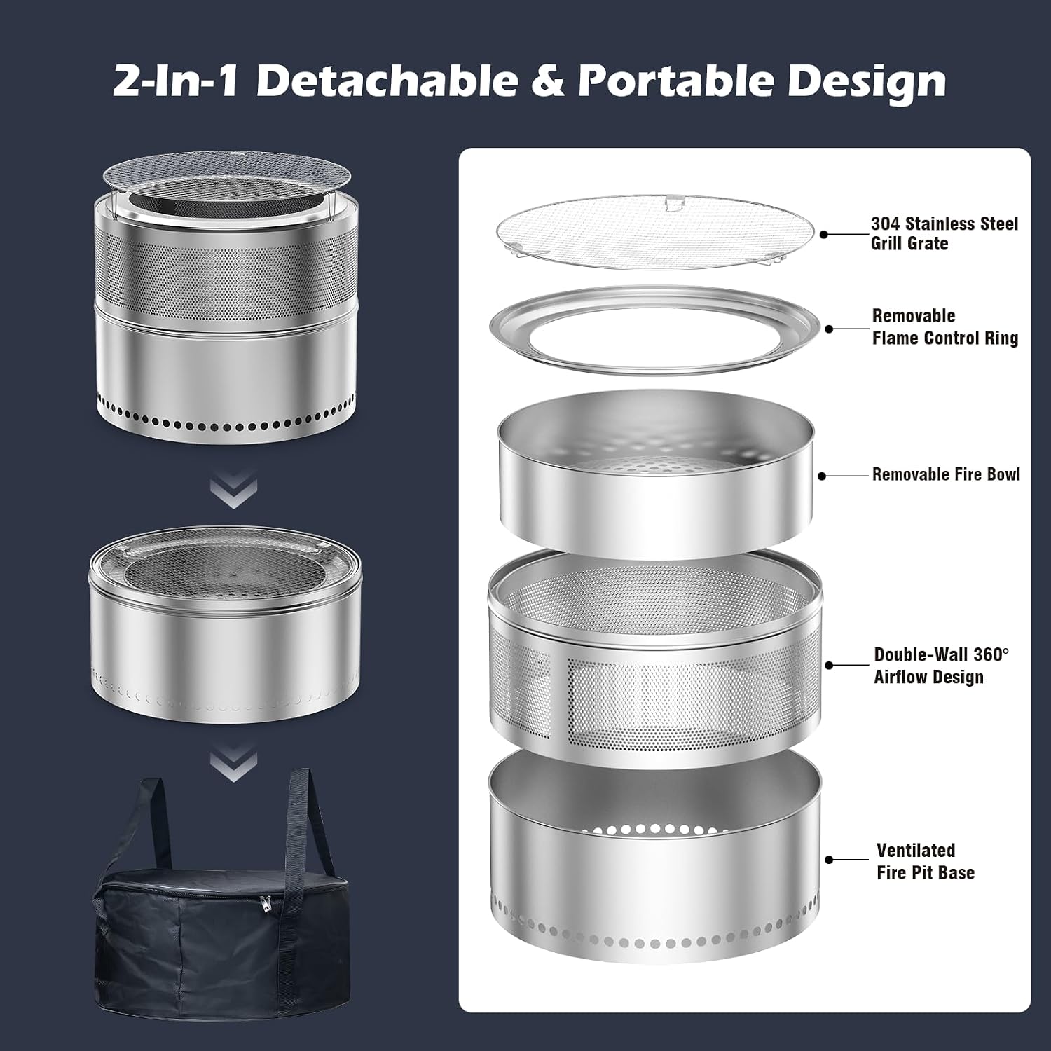 Smokeless Fire Pit Outdoor, 20 Inch Portable Stainless Steel Smokeless Firepit with Grill Grate, Ash Pan & Carry Bag, Low Smoke Wood Burning Fire Pits for Camping, RV, Patio, Compact Storage