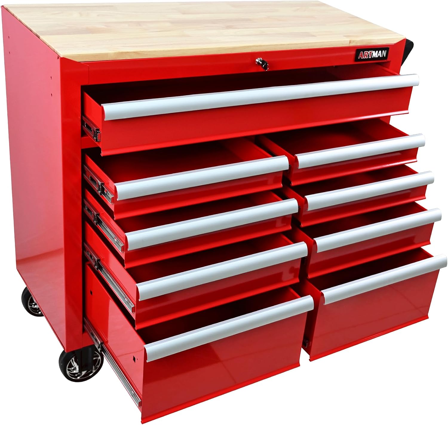 Rolling Tool Chest with Wheels, 9 Drawer Metal Tool Cabinet, Large Tool Cart for Garage, Warehouse, Workshop, Repair Shop, Red