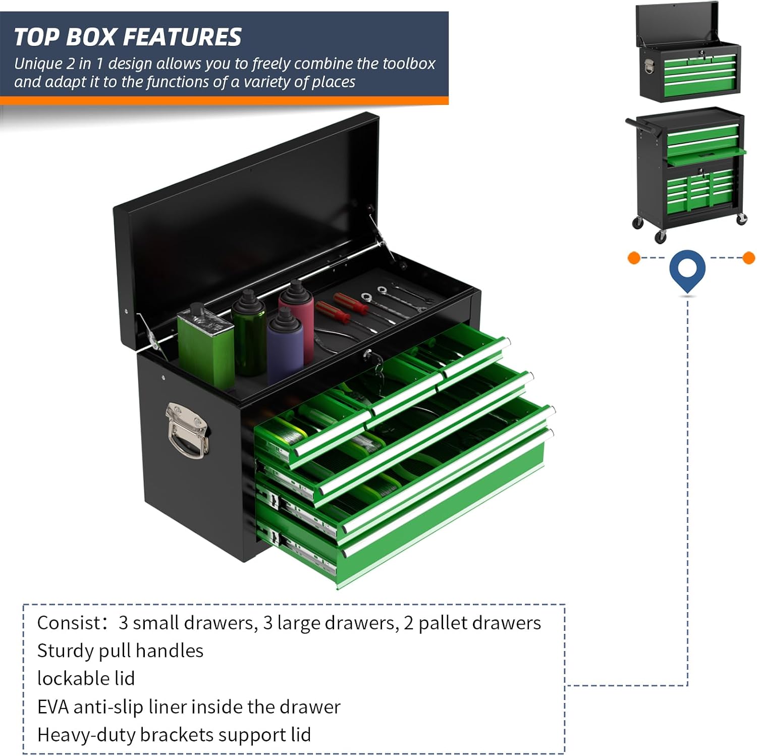 8-Drawer Rolling Tool Box, Lockable Rolling Tool Chest with Wheels and Drawers, 2 in 1 Large Capacity Storage Tool Cabinet for Warehouse, Garage, Tool Room and Repair Shop (Black&Green)