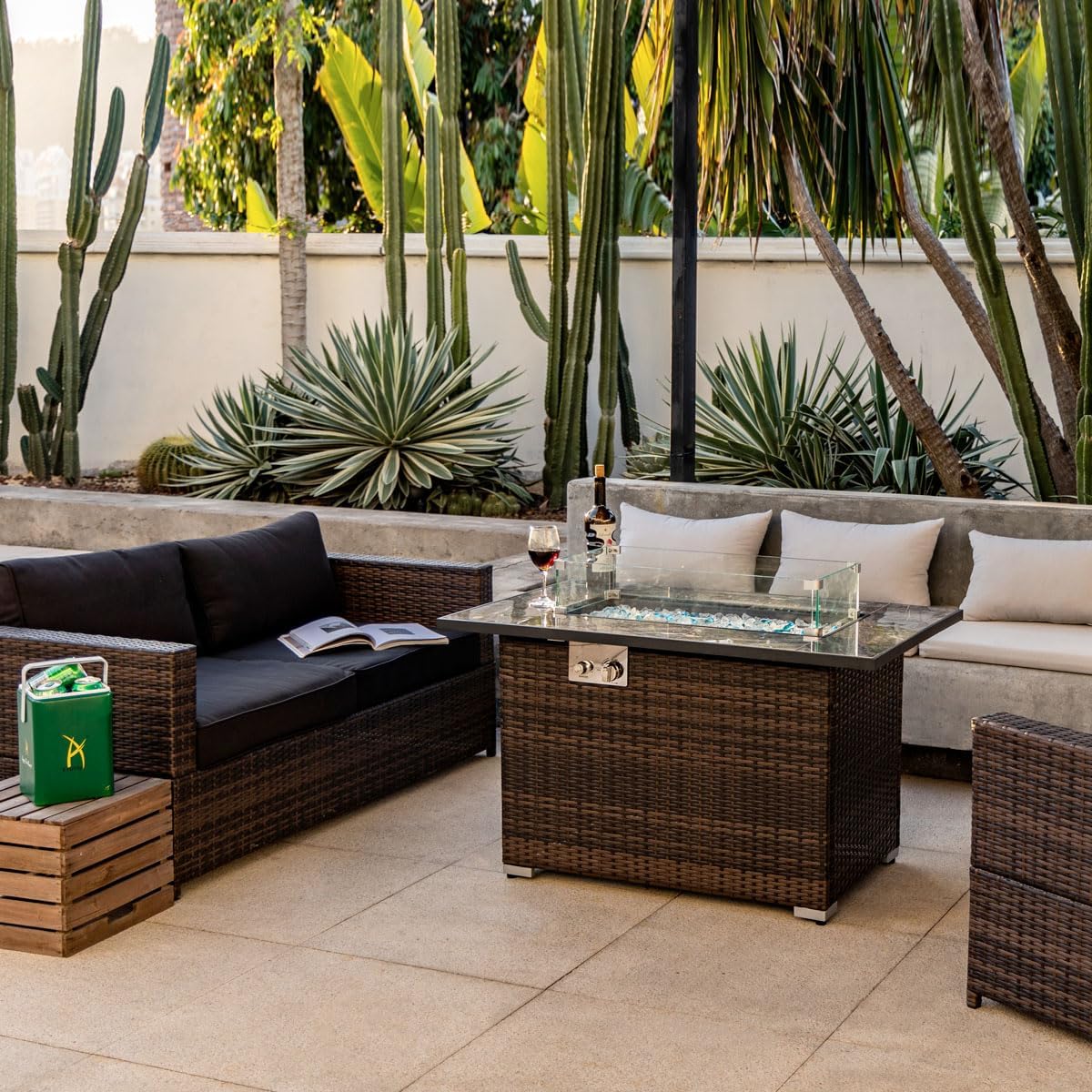 44in Outdoor Propane Gas Fire Pit Table, 50,000 BTU Auto-Ignition Gas Firepit with Glass Wind Guard, Marble Tile Tabletop, Mixed Color Glass Rocks, Brown PE Rattan