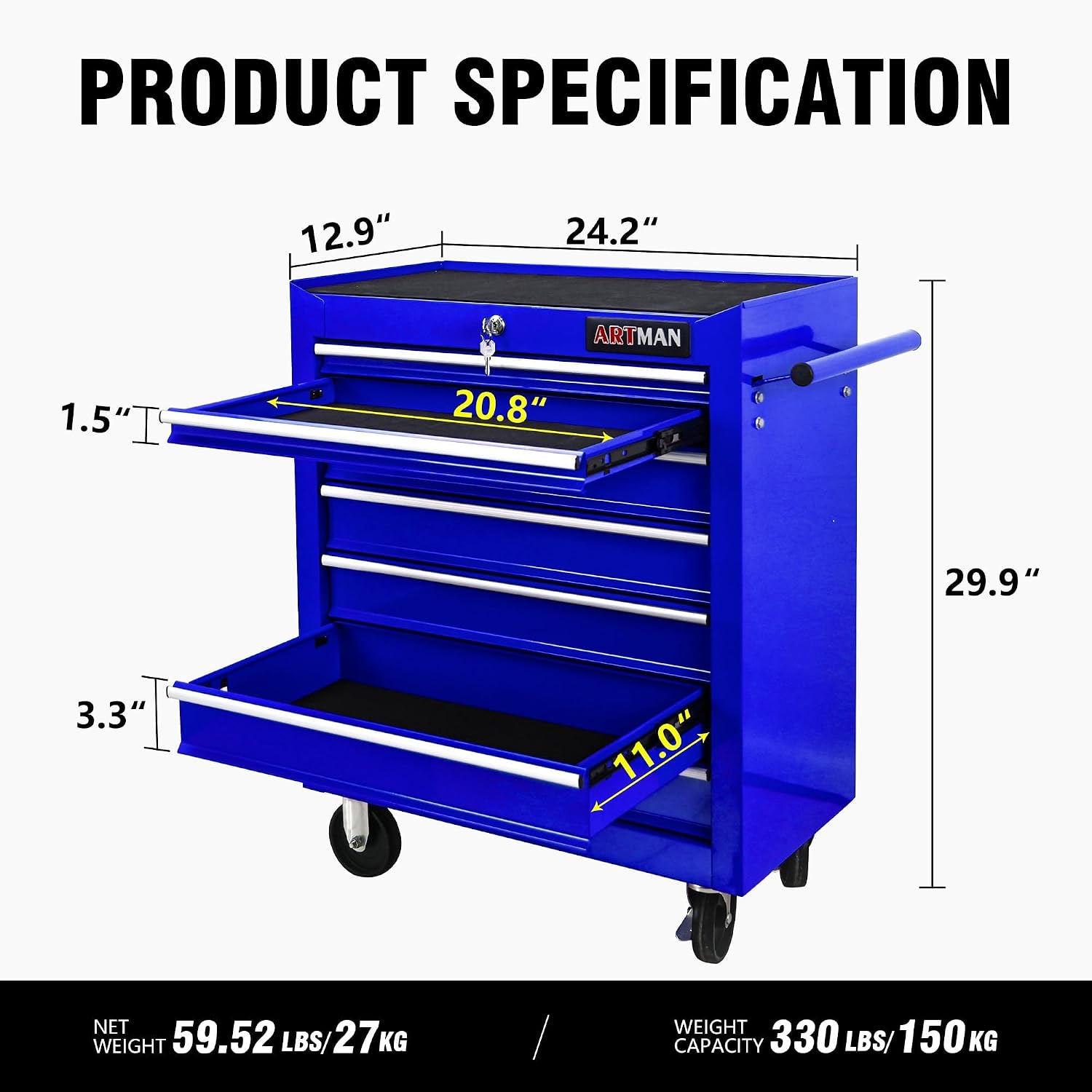 7 Drawers Rolling Tool Cart on Wheels, Multifunctional Organizer Tool Chest Tool Case, Trolley Tool Storage Tool Box for Workshop,Garage,Repair Shop (7 Drawers 24.2' W×12.9' D×29.9' H-Blue)