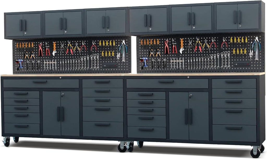 72in Rolling Tool Chest Cabinet, 2PCS Mobile Garage Workbench Heavy-Duty Tool Cabinet on Wheels with 11 Drawers, 2-Door Cabinet, 3 Top Cabinet, Pegboard & Power Strip for Tool Organization