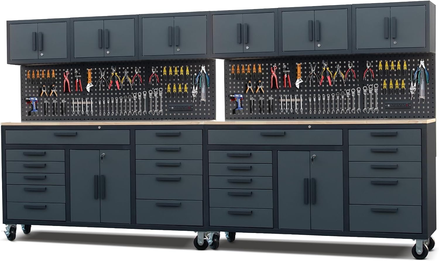 72in Rolling Tool Chest Cabinet, 2PCS Mobile Garage Workbench Heavy-Duty Tool Cabinet on Wheels with 11 Drawers, 2-Door Cabinet, 3 Top Cabinet, Pegboard & Power Strip for Tool Organization